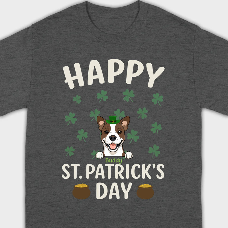 St. Patrick’s Day Dog Shirt – Cute Dog in Leprechaun Hat with Gold Pots & “Happy St. Patrick’s Day” Graphic - 89Prints