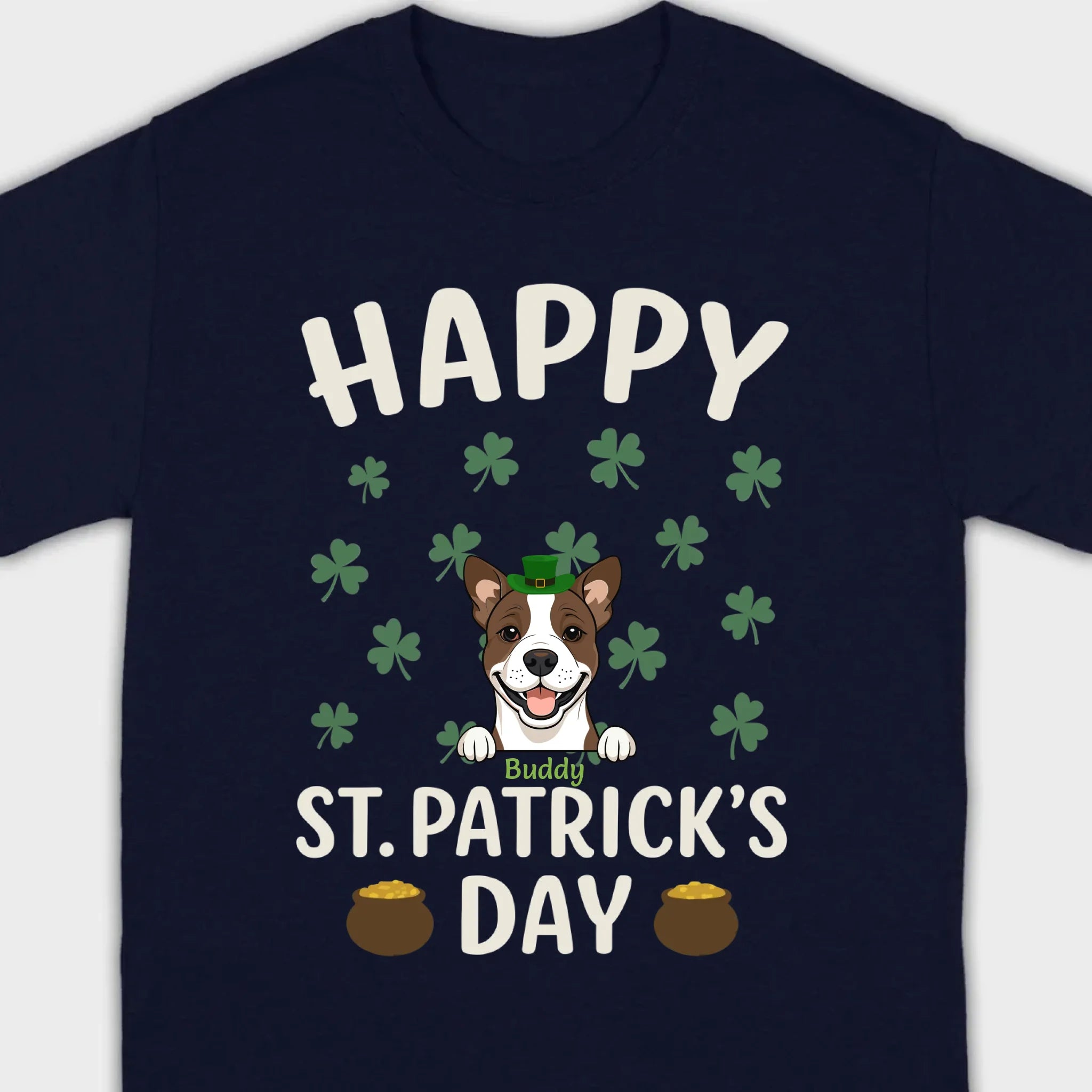 St. Patrick’s Day Dog Shirt – Cute Dog in Leprechaun Hat with Gold Pots & “Happy St. Patrick’s Day” Graphic - 89Prints