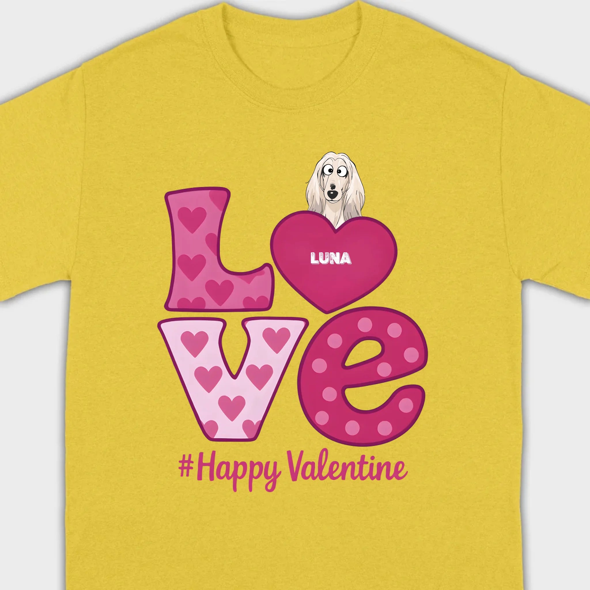 Dog Graphic Valentine Tee – Pink “LOVE” Design with “#Happy Valentine” - 89Prints
