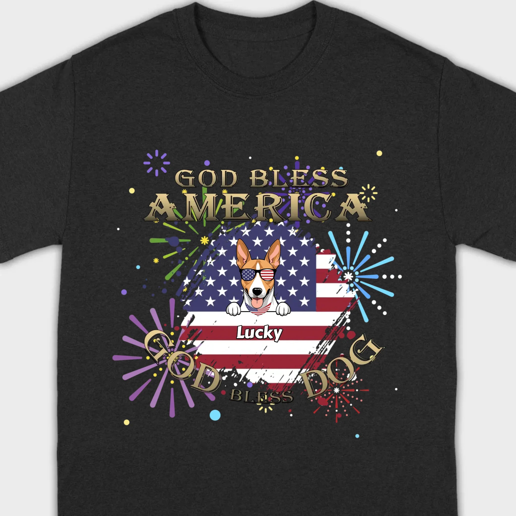 Personalized USA Flag Dog Shirt – God Bless America Fireworks Design - 89Prints