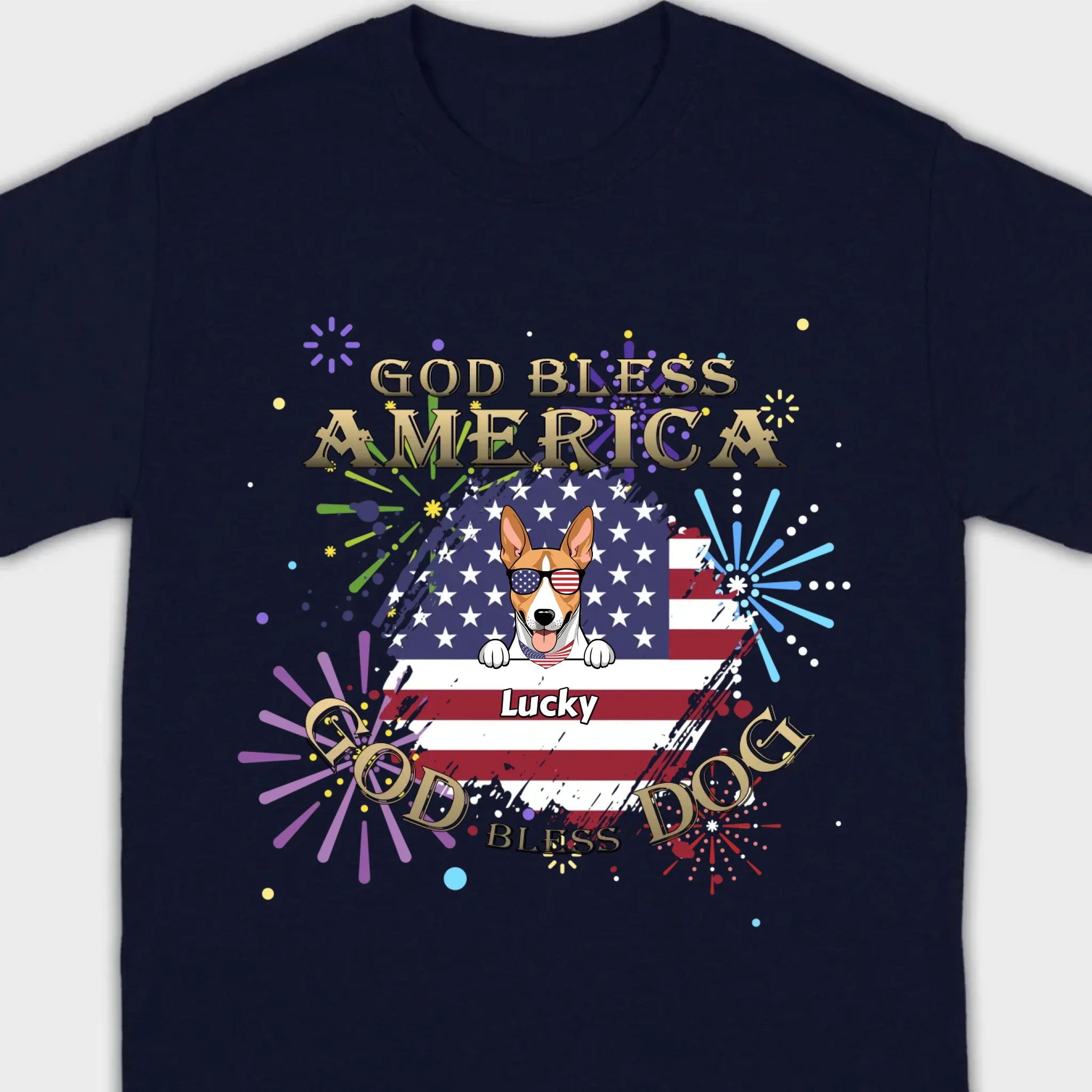 Personalized USA Flag Dog Shirt – God Bless America Fireworks Design - 89Prints