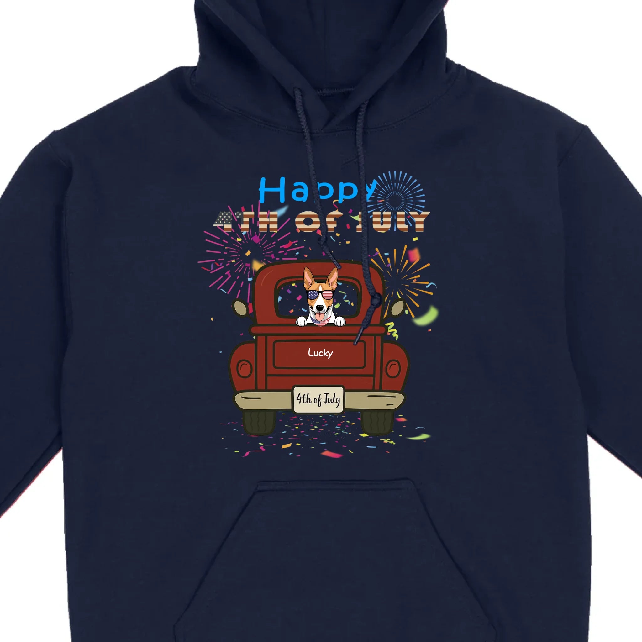 American Pup 4th of July Hoodie – Red Truck & Festive Fireworks - 89Prints