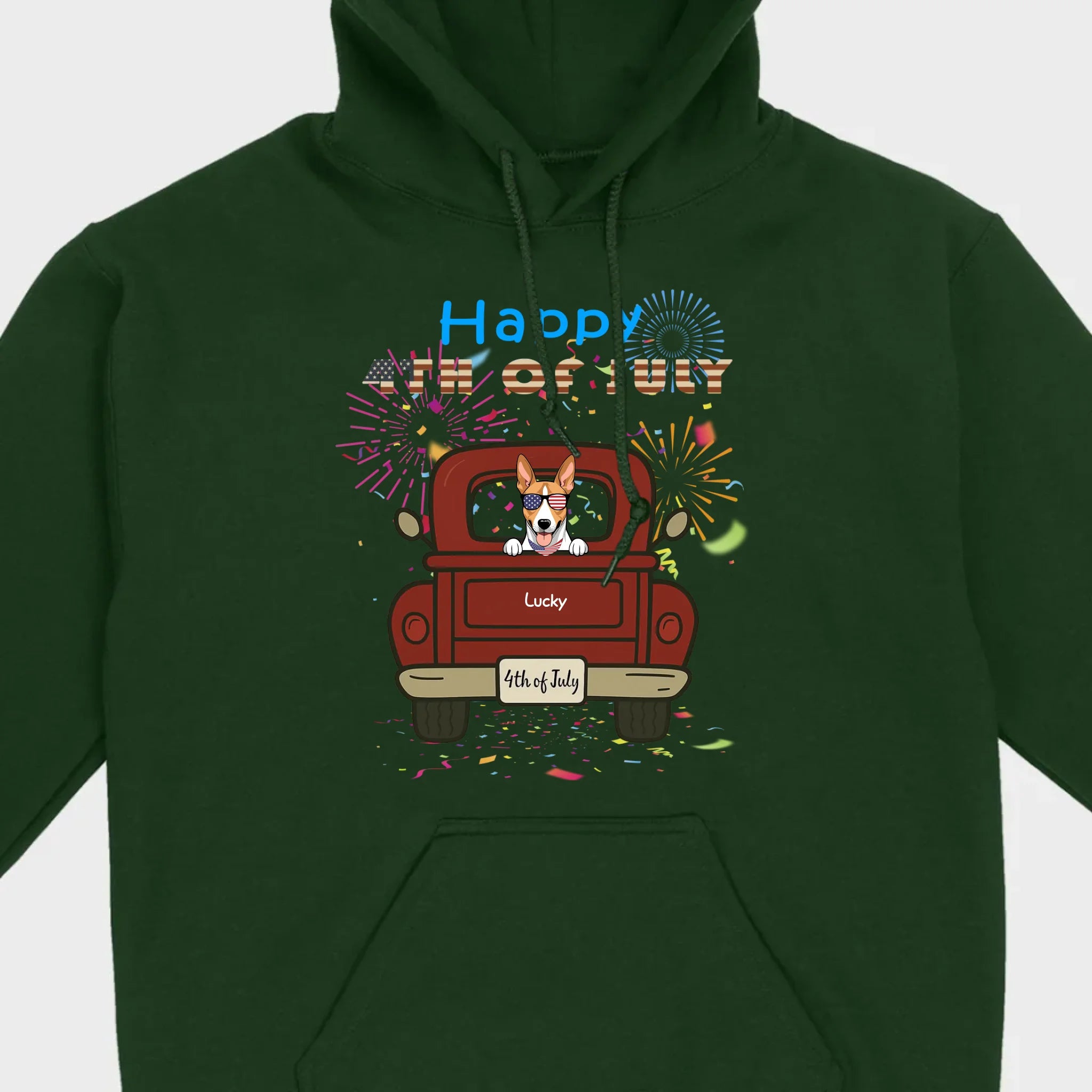 American Pup 4th of July Hoodie – Red Truck & Festive Fireworks - 89Prints