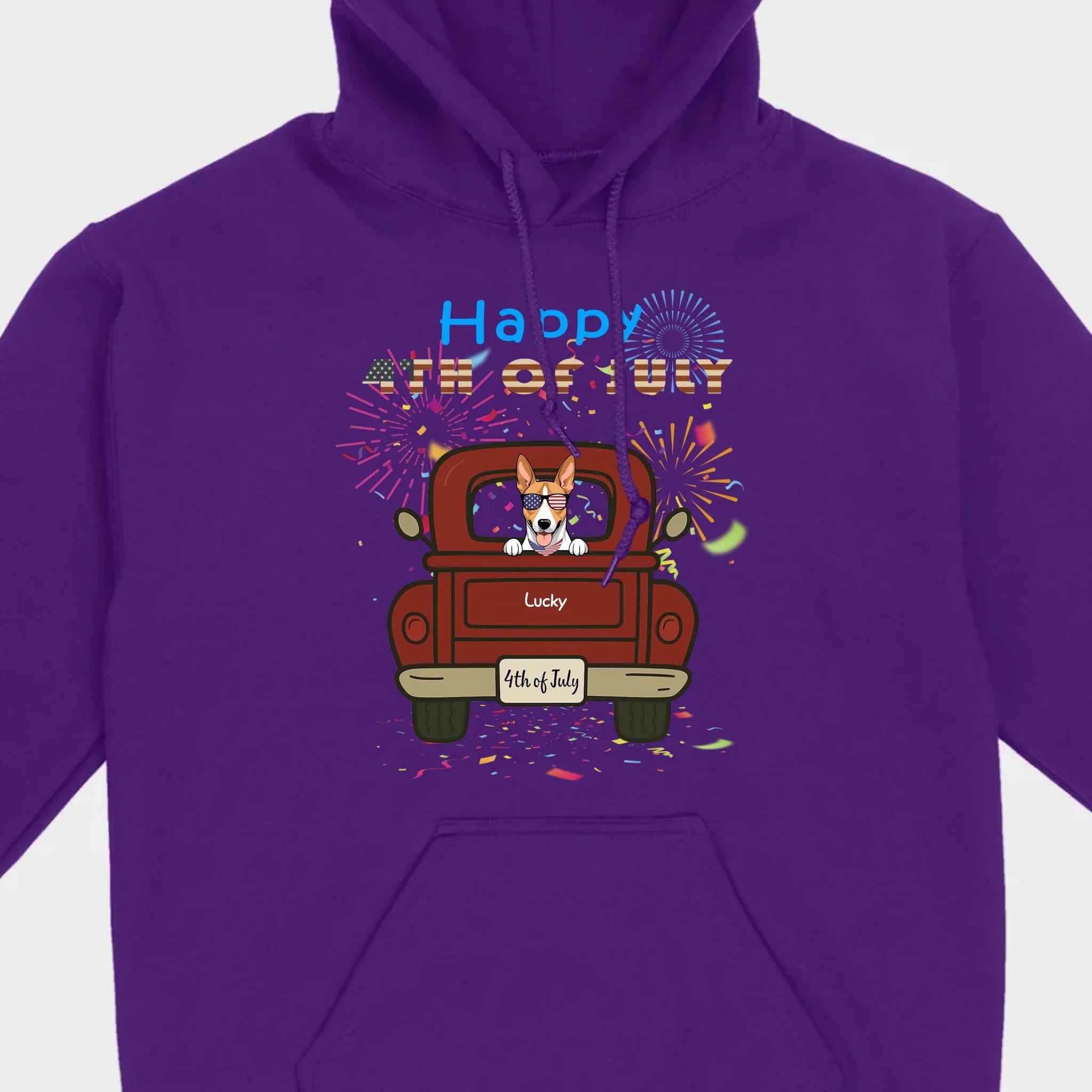 American Pup 4th of July Hoodie – Red Truck & Festive Fireworks - 89Prints