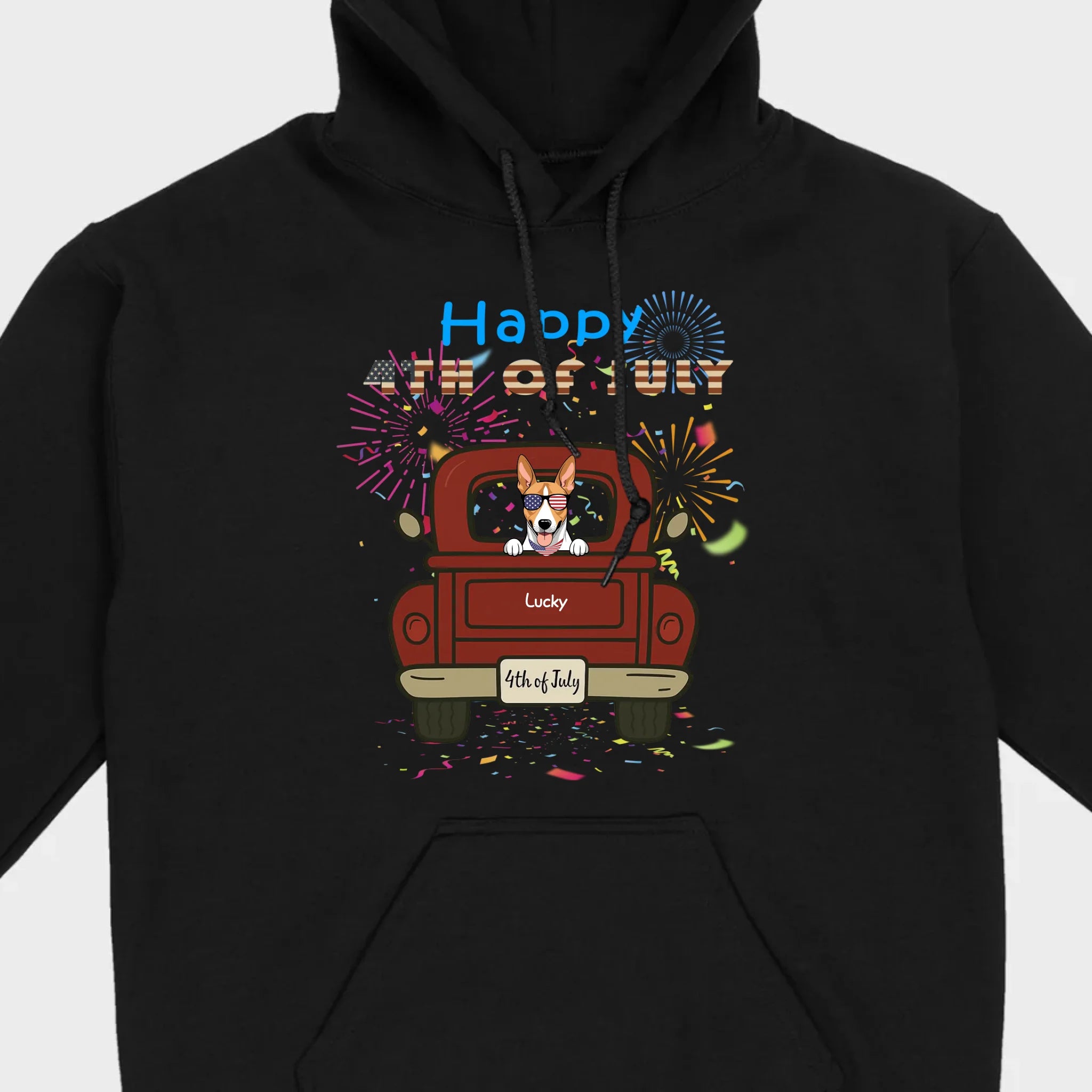 American Pup 4th of July Hoodie – Red Truck & Festive Fireworks - 89Prints