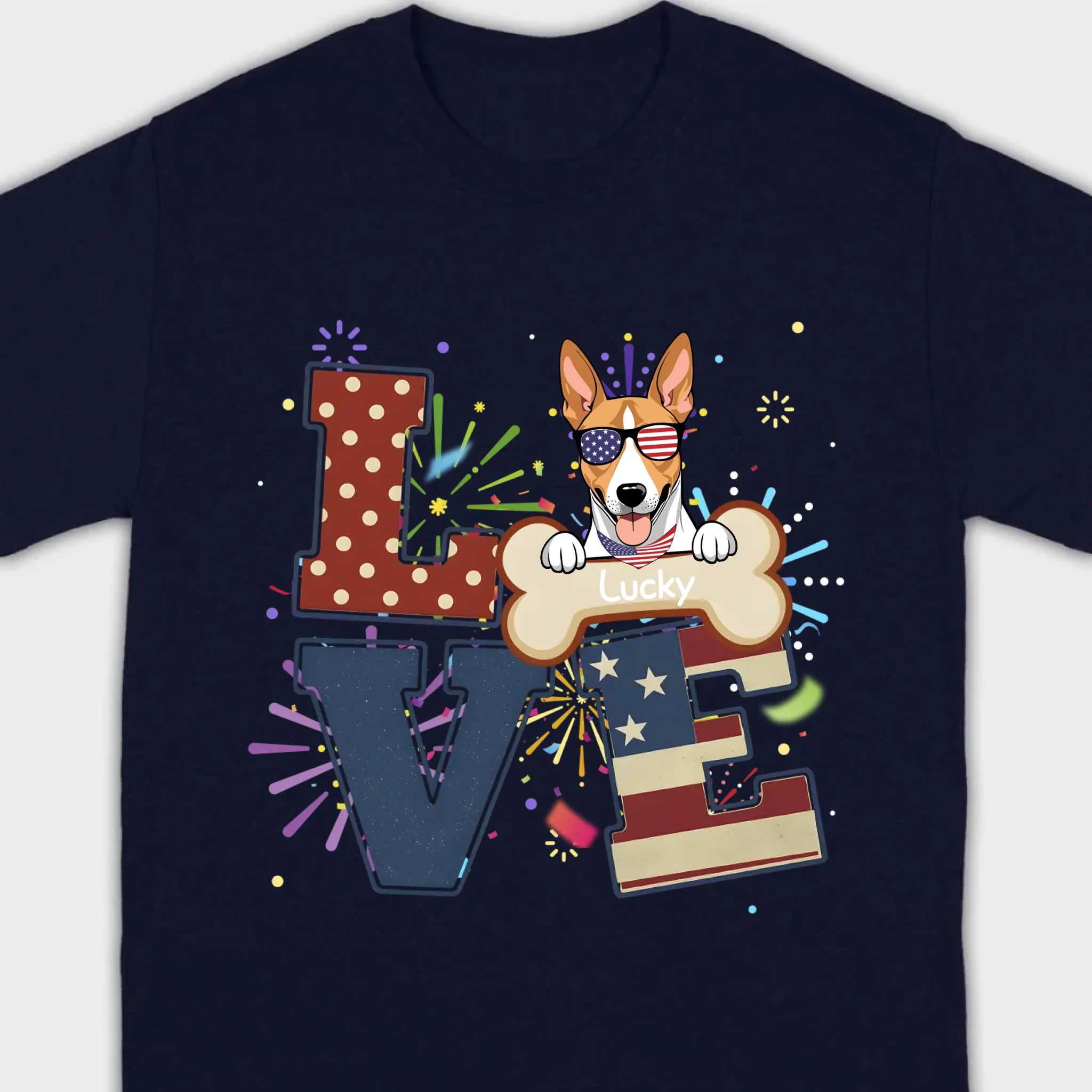 Customizable 4th of July Dog Tee – Add Your Dog’s Name Patriotic Fireworks Shirt - 89Prints