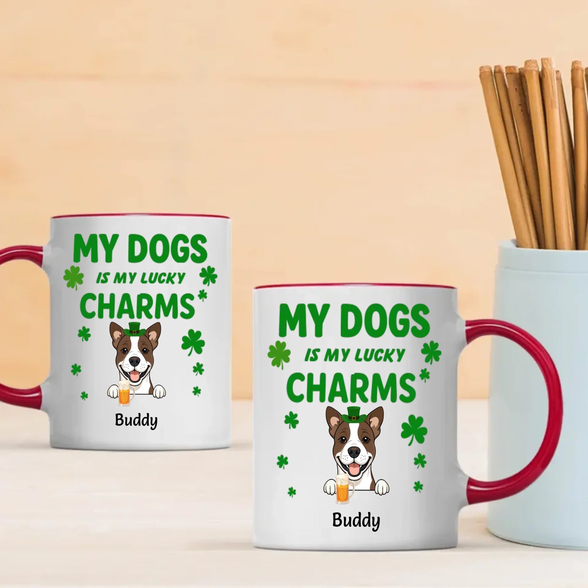 St. Patrick’s Day Custom Dog Mug – Personalized 1–3 Dogs with Shamrock – My Dogs Are My Lucky Charm – 89Prints