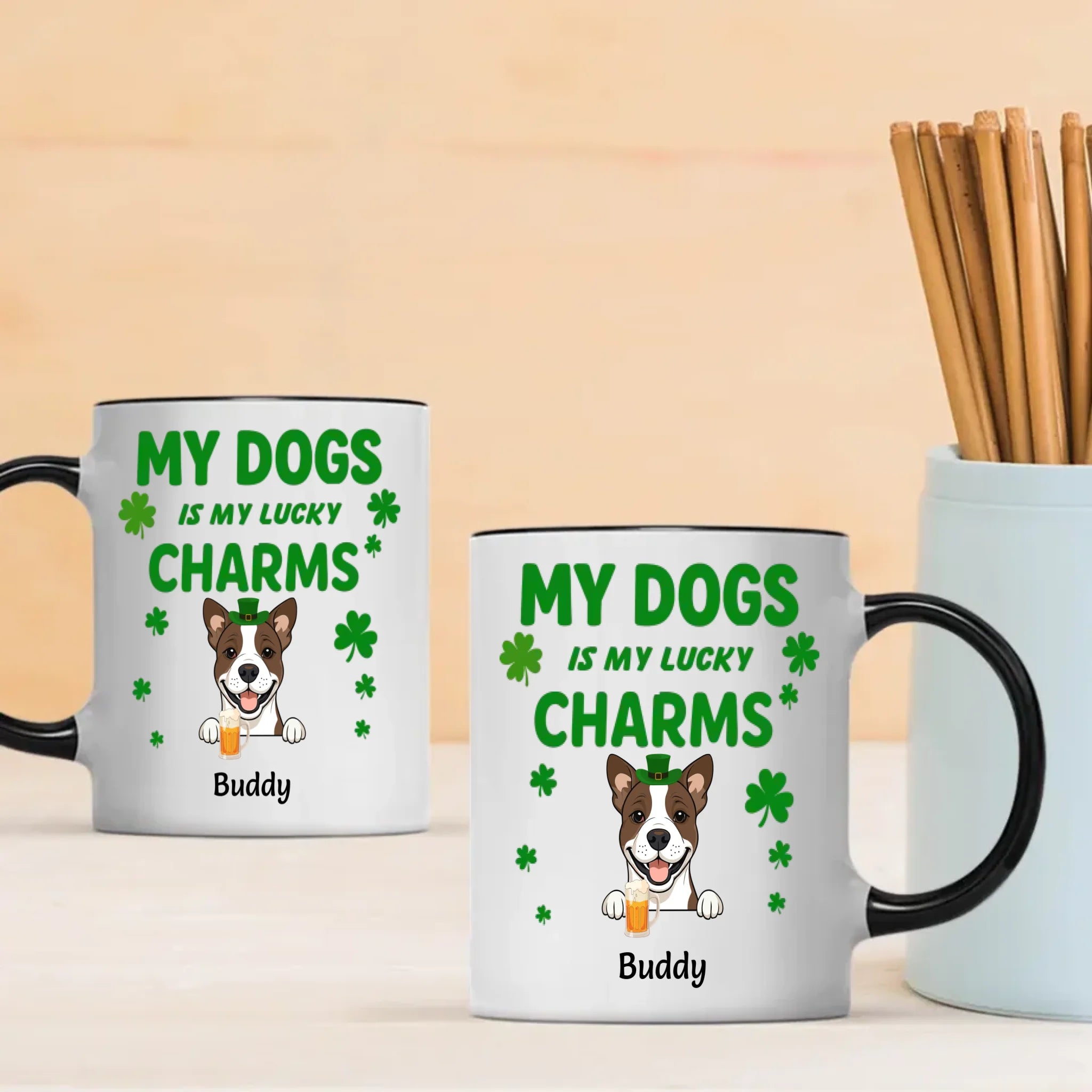 St. Patrick’s Day Custom Dog Mug – Personalized 1–3 Dogs with Shamrock – My Dogs Are My Lucky Charm – 89Prints