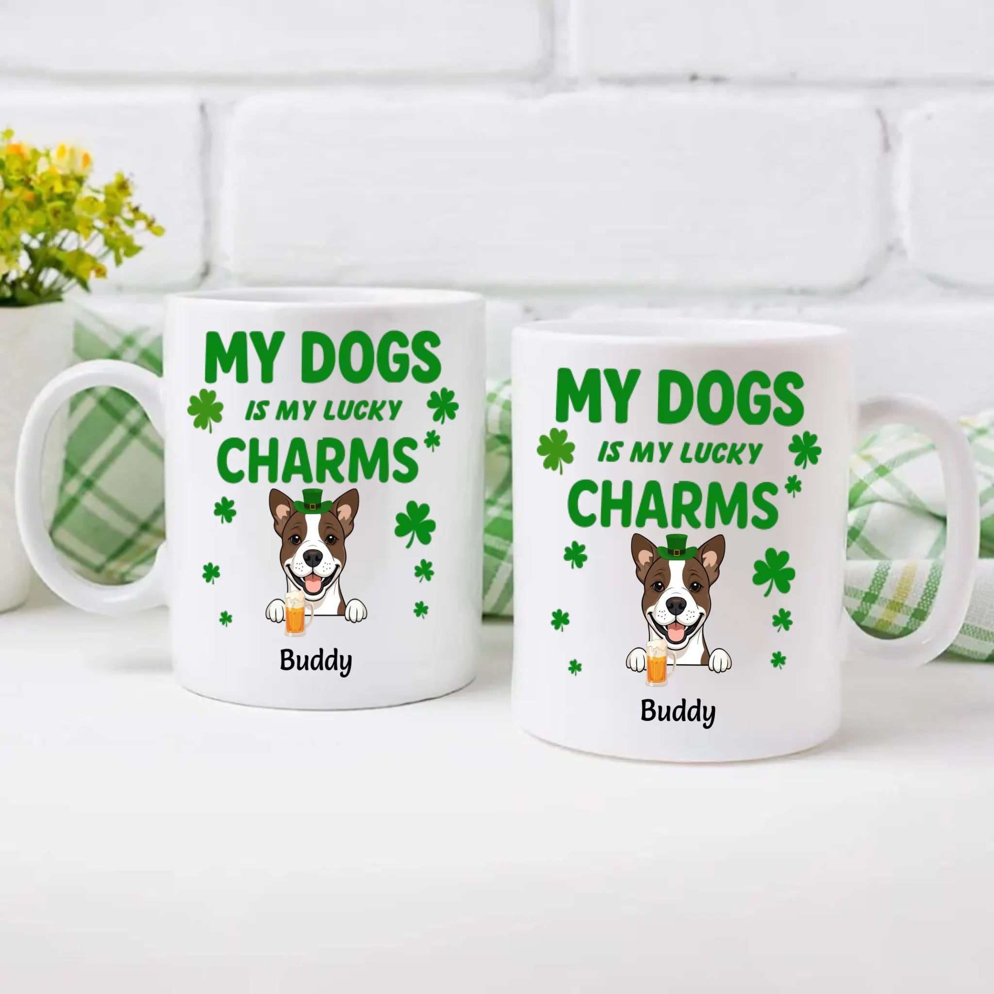 St. Patrick’s Day Custom Dog Mug – Personalized 1–3 Dogs with Shamrock – My Dogs Are My Lucky Charm – 89Prints