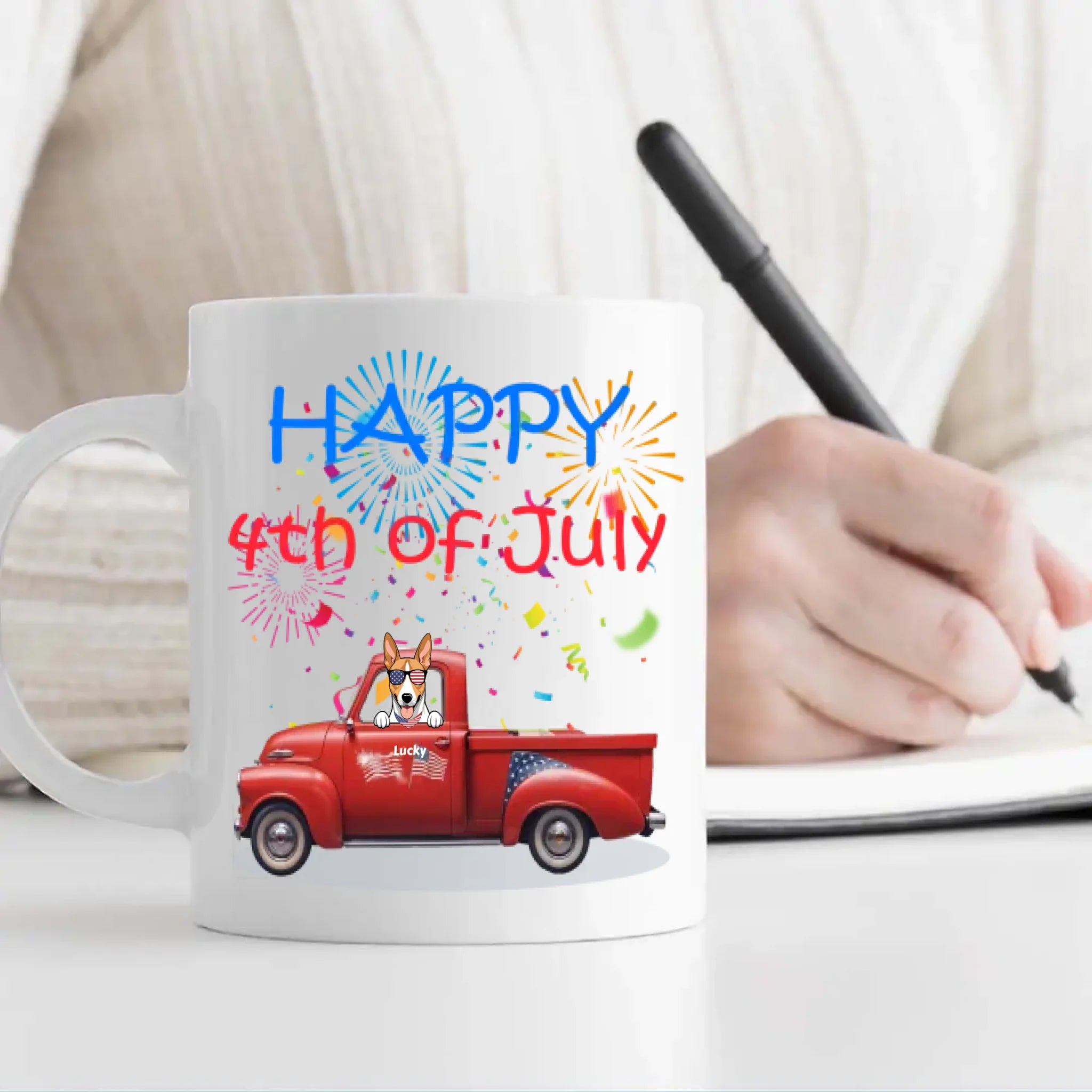 4th of July Red Truck Mug with Dog – Custom Independence Day Gift - 89Prints
