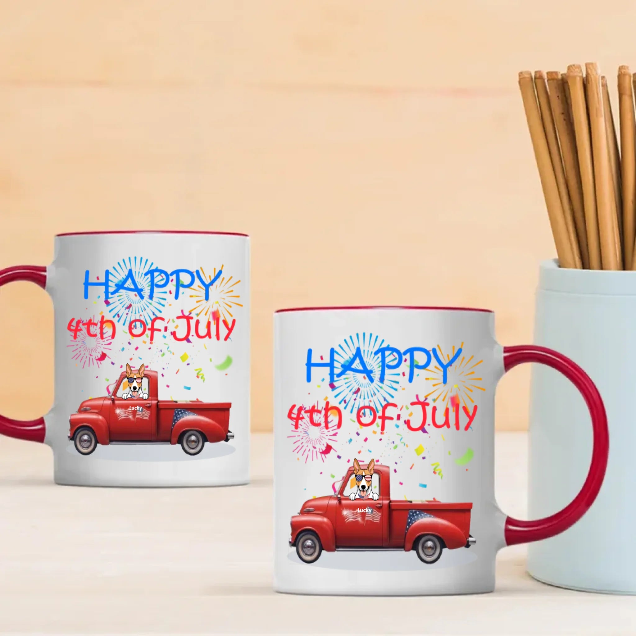 4th of July Red Truck Mug with Dog – Custom Independence Day Gift - 89Prints