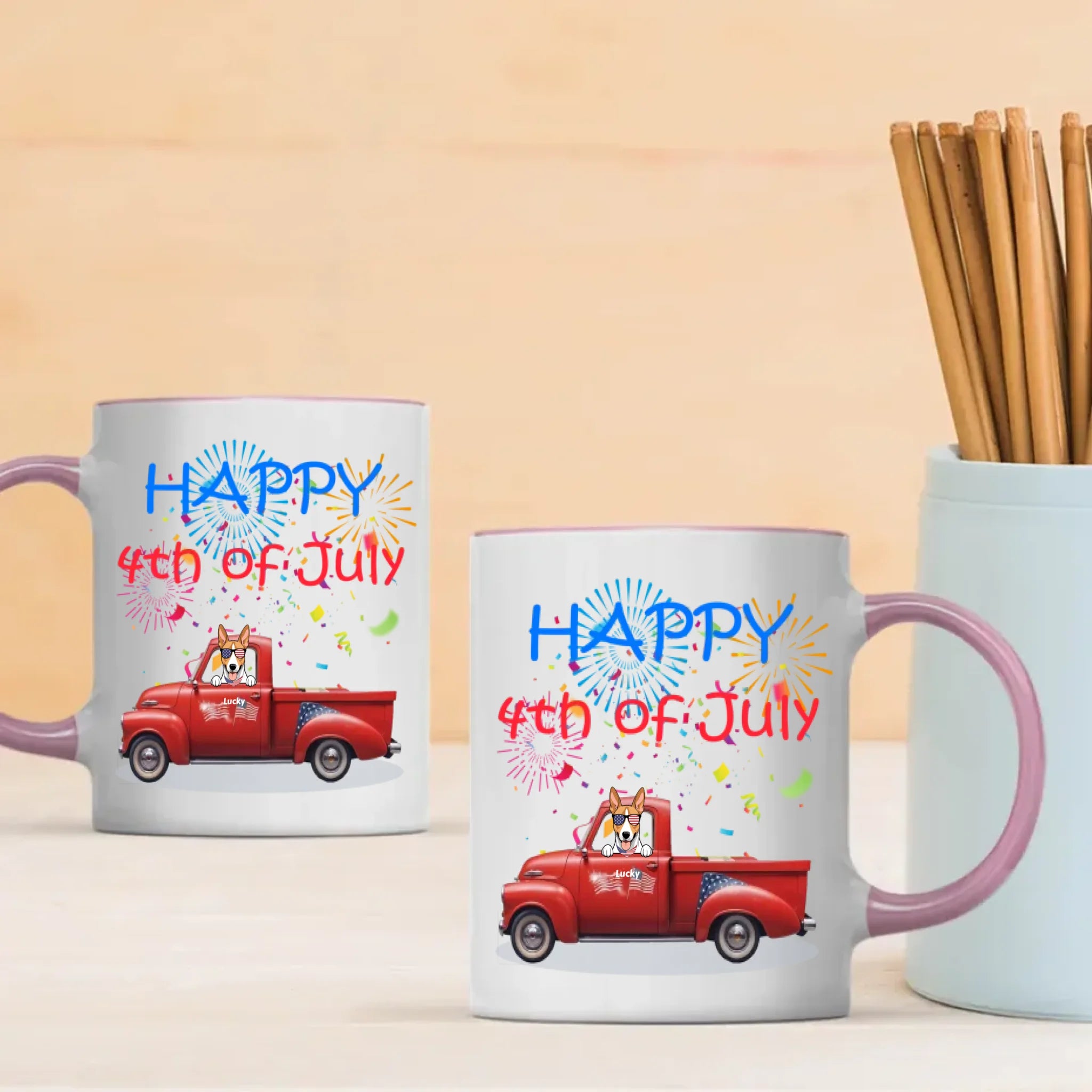 4th of July Red Truck Mug with Dog – Custom Independence Day Gift - 89Prints