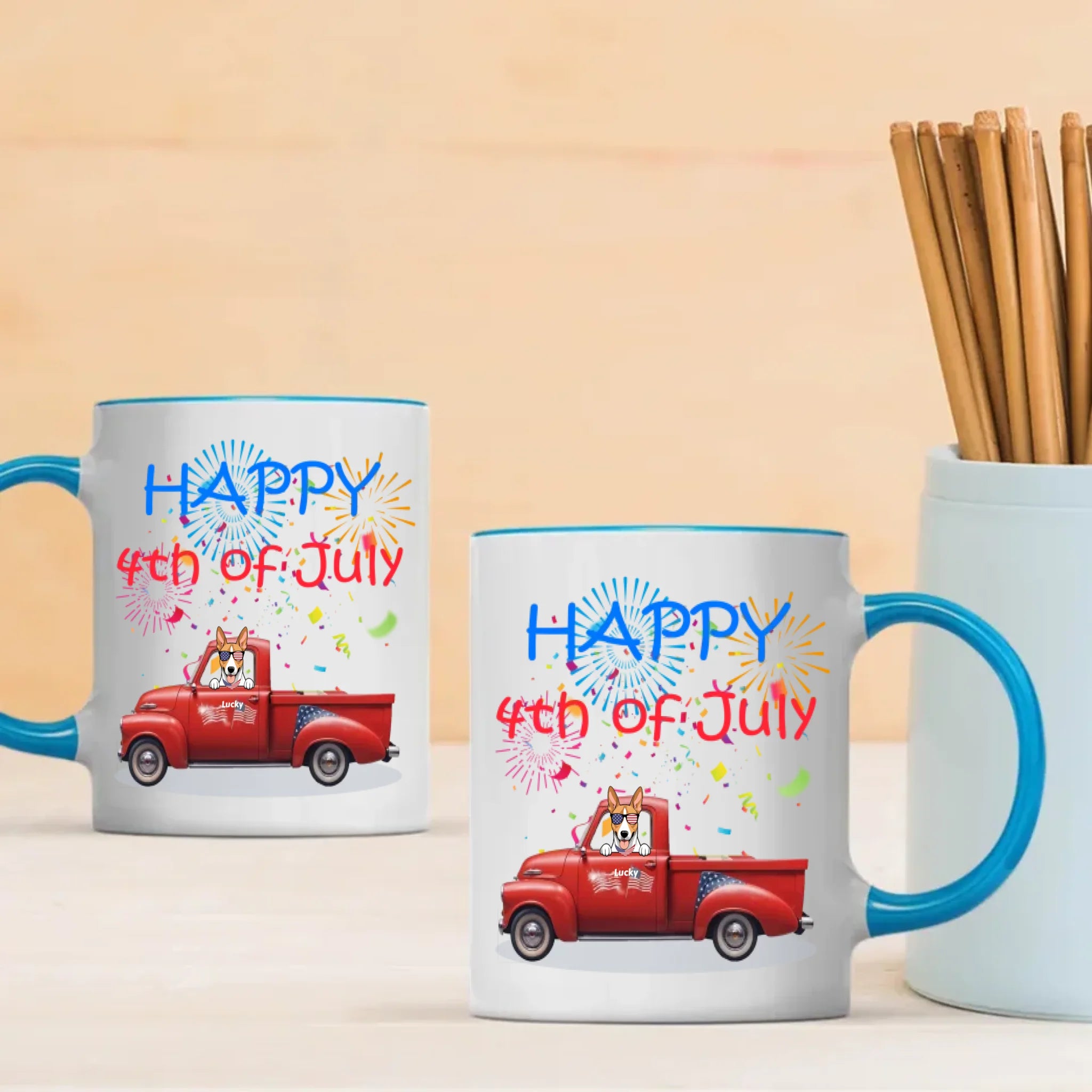 4th of July Red Truck Mug with Dog – Custom Independence Day Gift - 89Prints