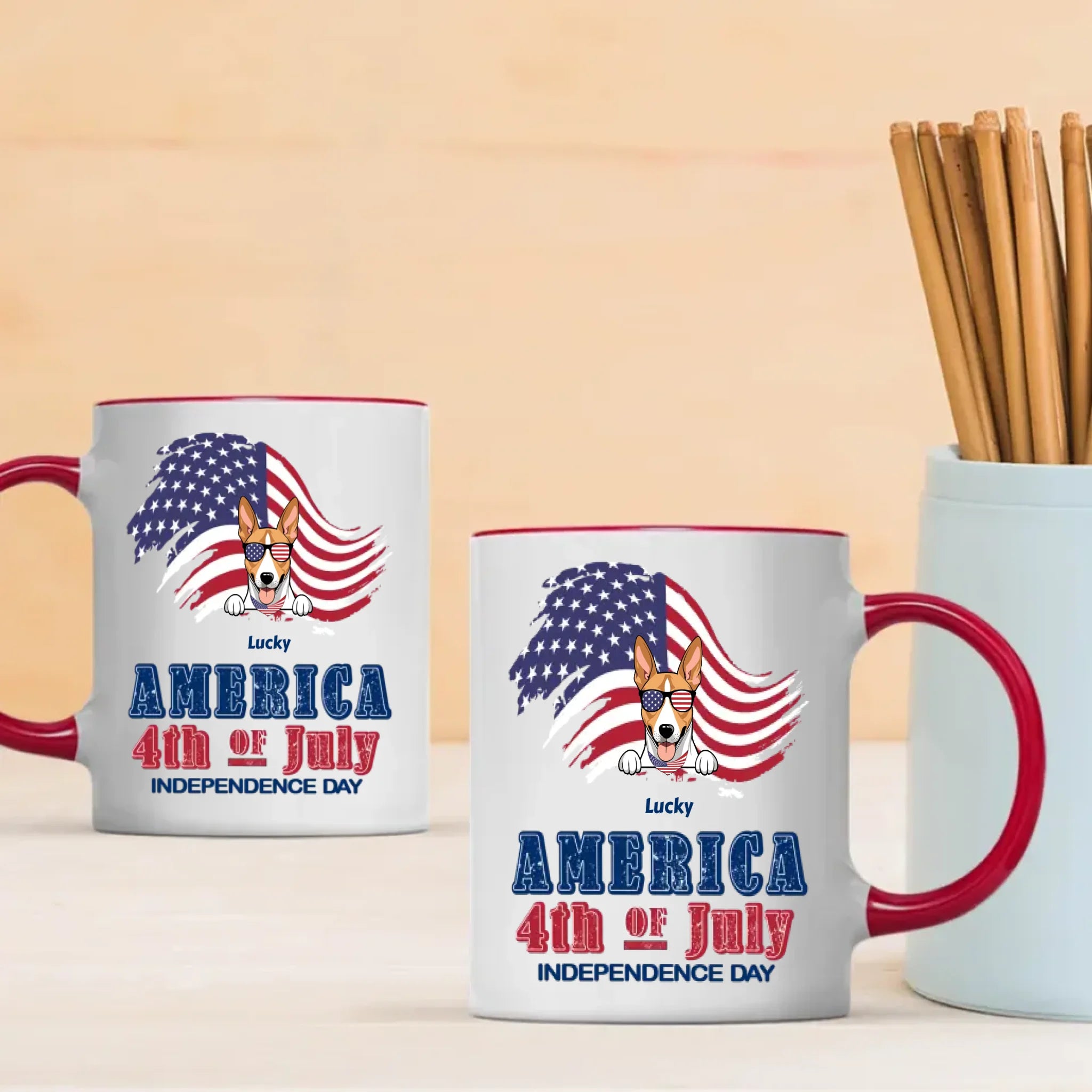 Independence Day Dog Mug – Personalized Ceramic Cup with Sunglasses Dog & American Flag - 89Prints