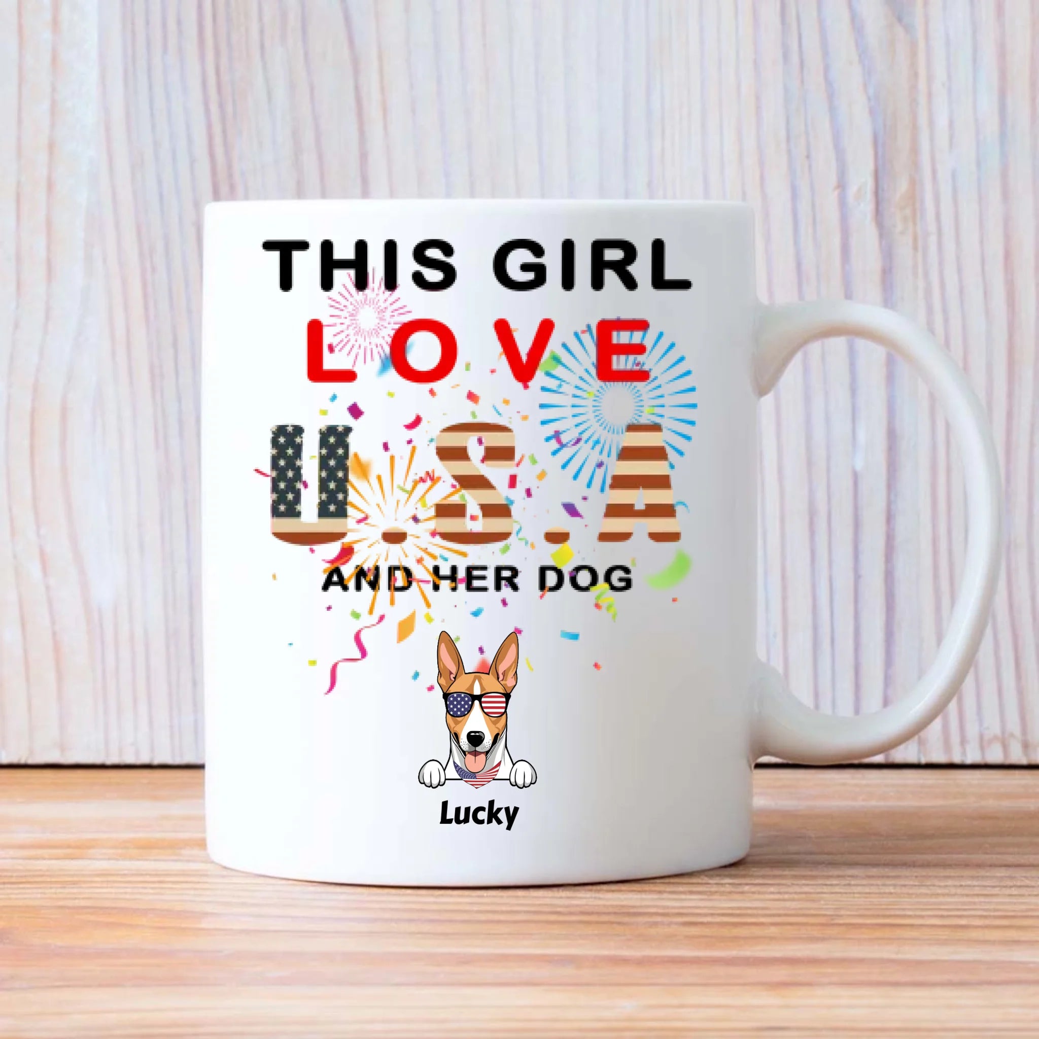 Custom Dog Mug – “This Girl Loves USA and Her Dog” with Patriotic Dog Graphic - 89Prints