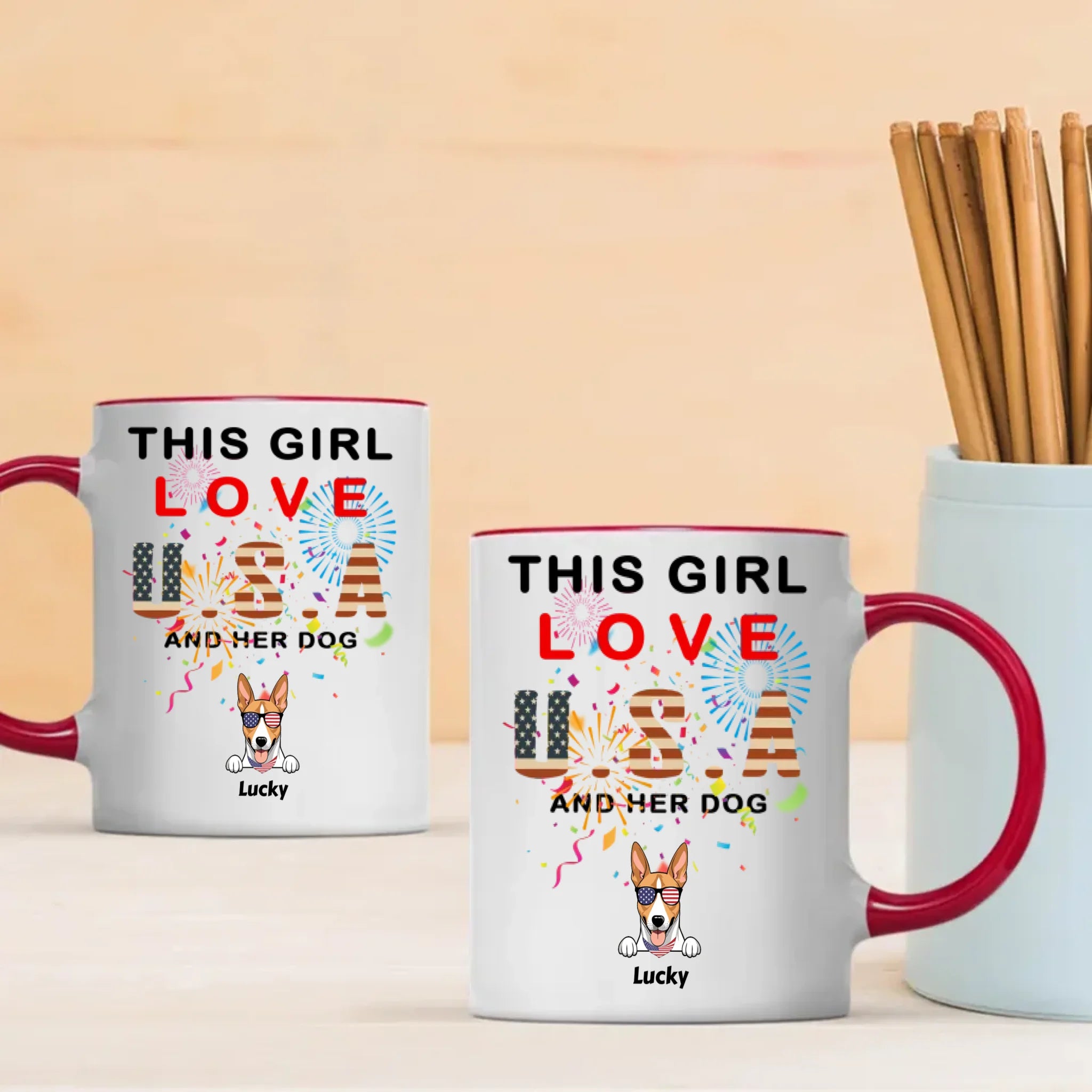 Custom Dog Mug – “This Girl Loves USA and Her Dog” with Patriotic Dog Graphic - 89Prints