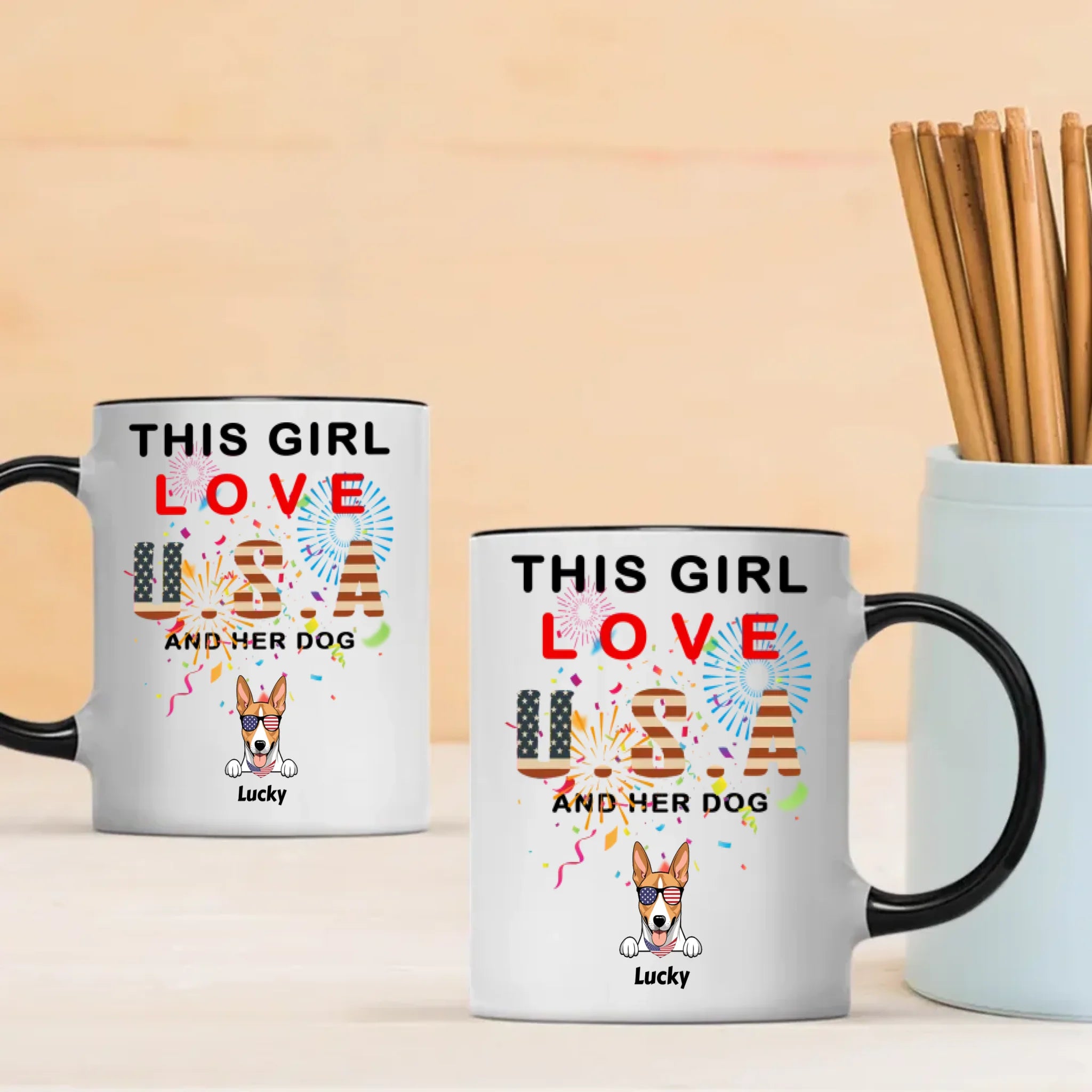 Custom Dog Mug – “This Girl Loves USA and Her Dog” with Patriotic Dog Graphic - 89Prints