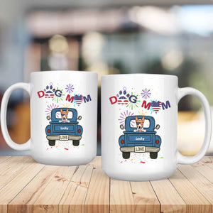 Independence Day Dog Mom Mug – Dog on Blue Truck with Patriotic LOVE - 89Prints