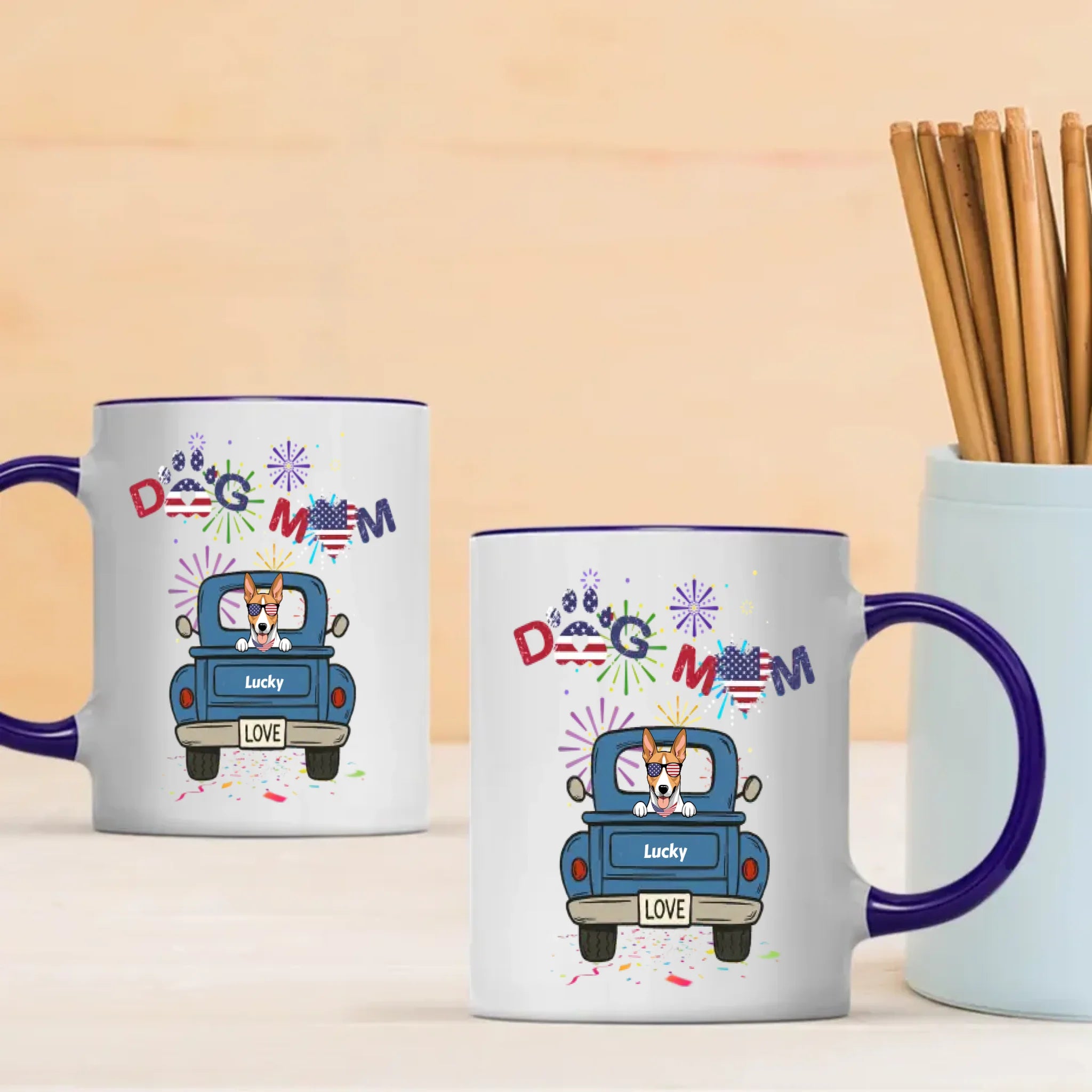 Independence Day Dog Mom Mug – Dog on Blue Truck with Patriotic LOVE - 89Prints