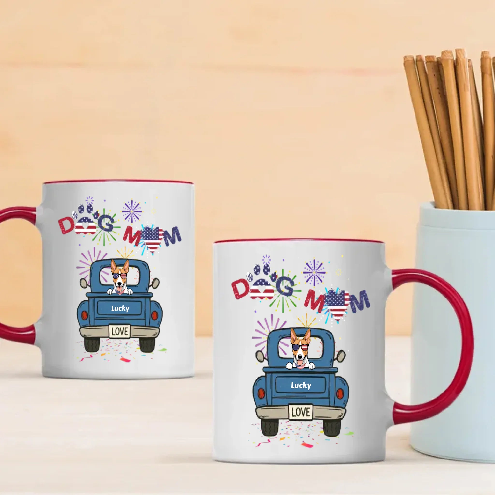 Independence Day Dog Mom Mug – Dog on Blue Truck with Patriotic LOVE - 89Prints