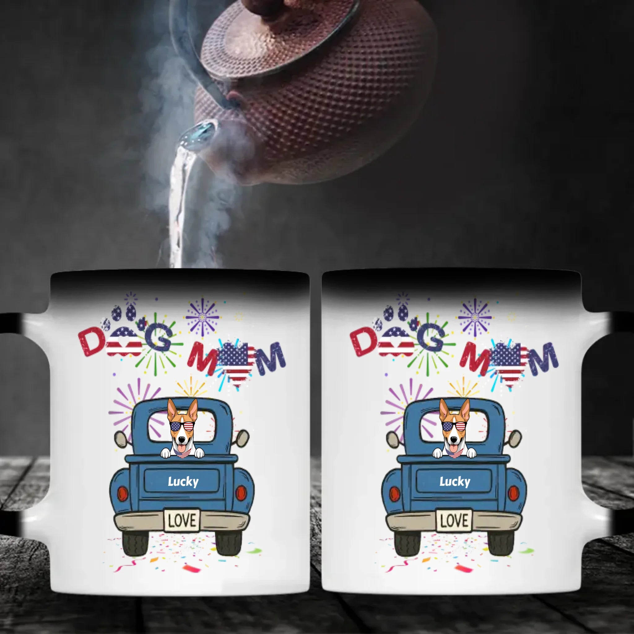 Independence Day Dog Mom Mug – Dog on Blue Truck with Patriotic LOVE - 89Prints