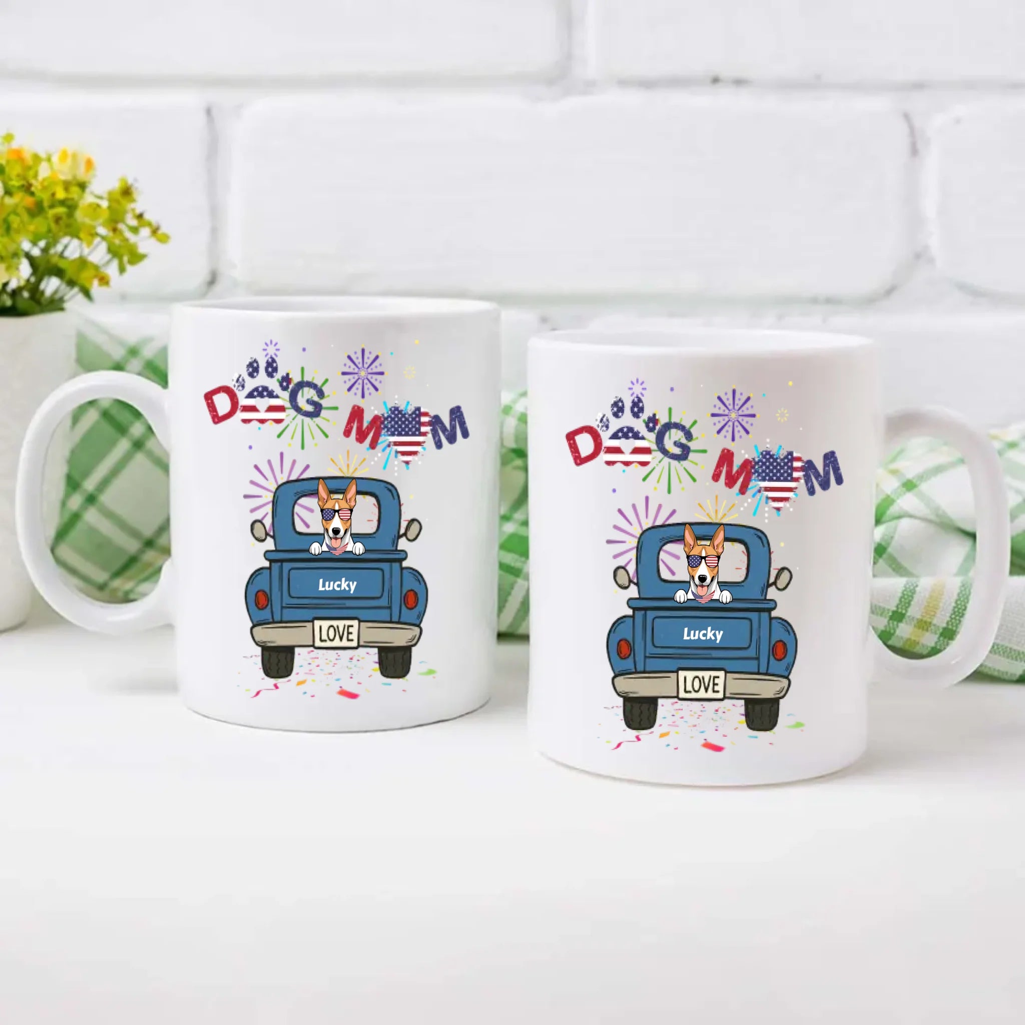Independence Day Dog Mom Mug – Dog on Blue Truck with Patriotic LOVE - 89Prints