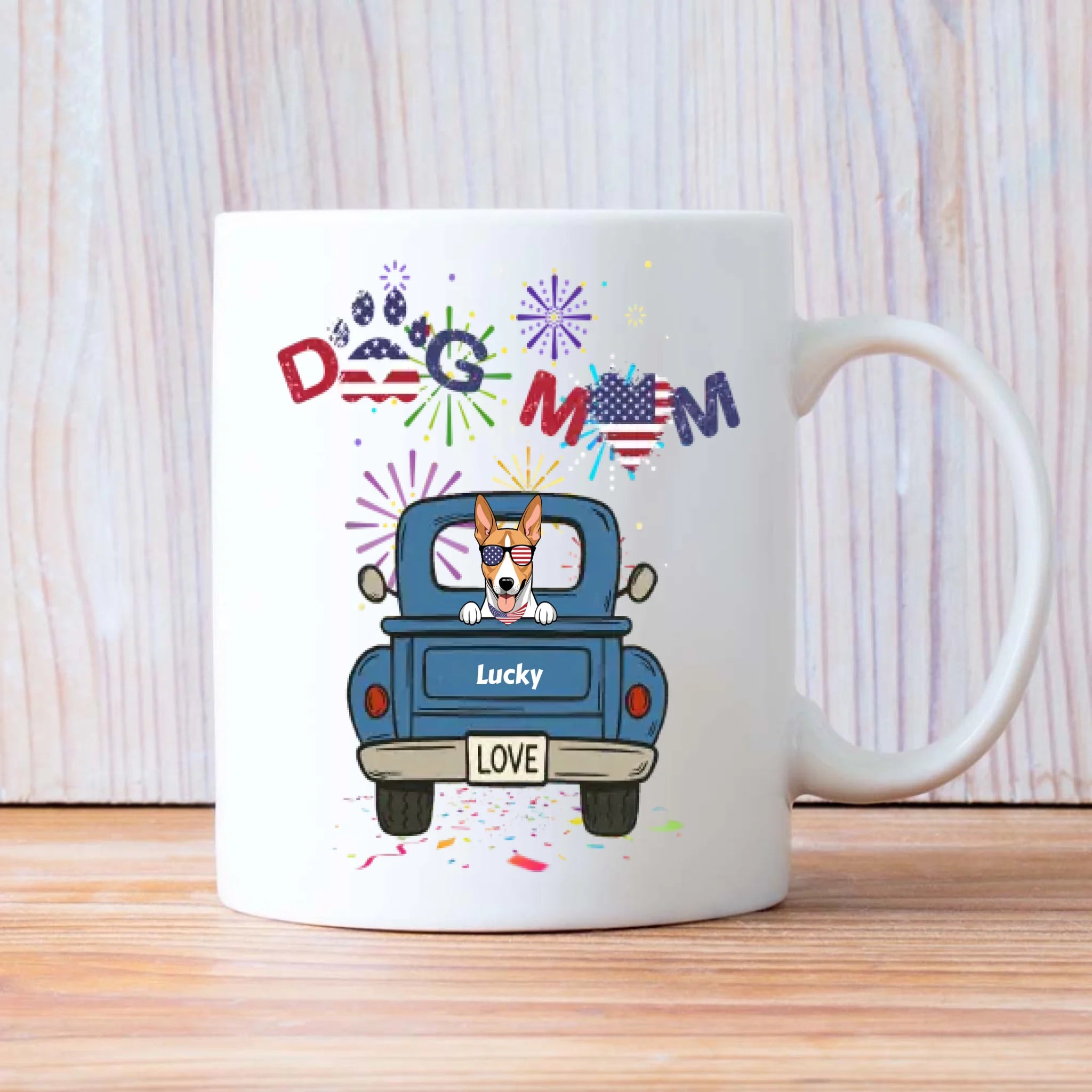 Independence Day Dog Mom Mug – Dog on Blue Truck with Patriotic LOVE - 89Prints