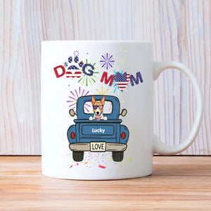 Independence Day Dog Mom Mug – Dog on Blue Truck with Patriotic LOVE - 89Prints