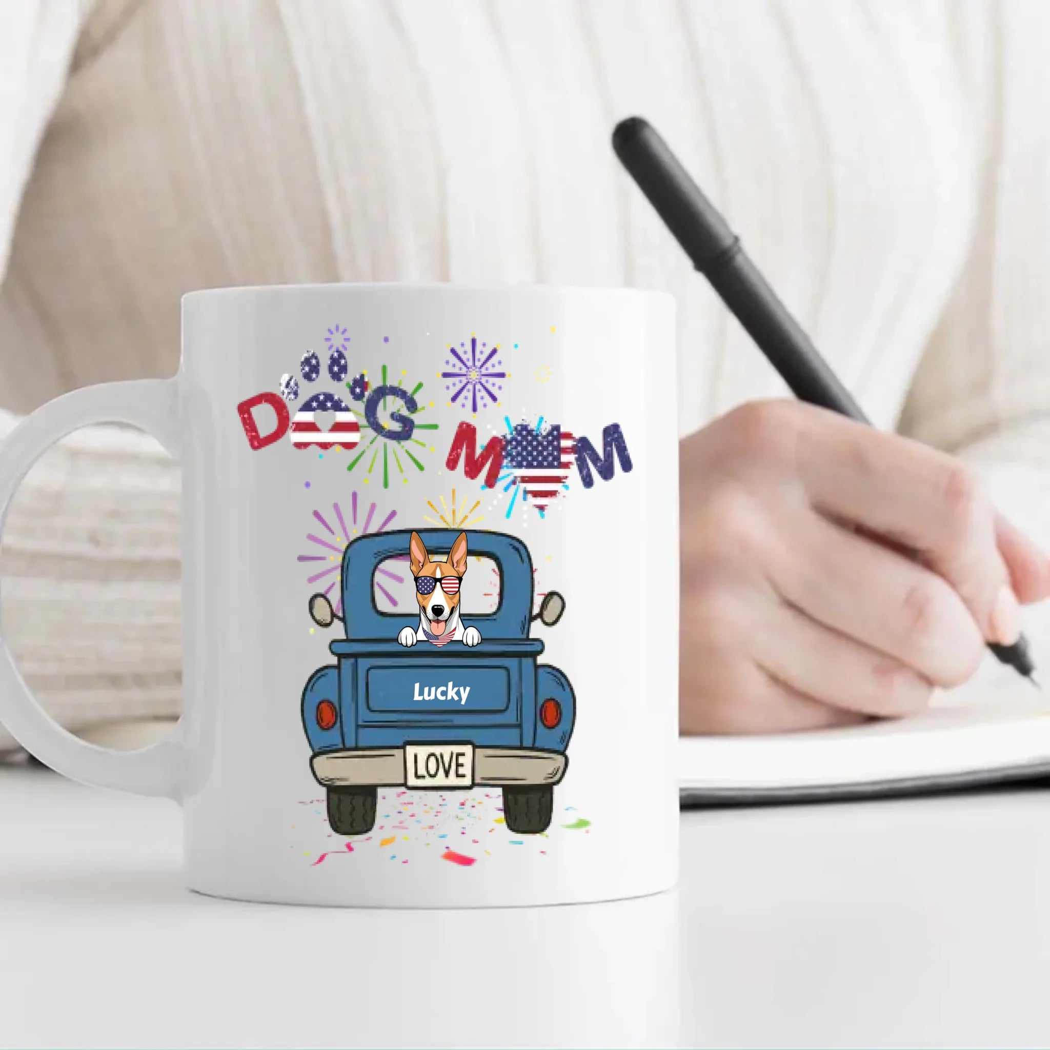 Independence Day Dog Mom Mug – Dog on Blue Truck with Patriotic LOVE - 89Prints