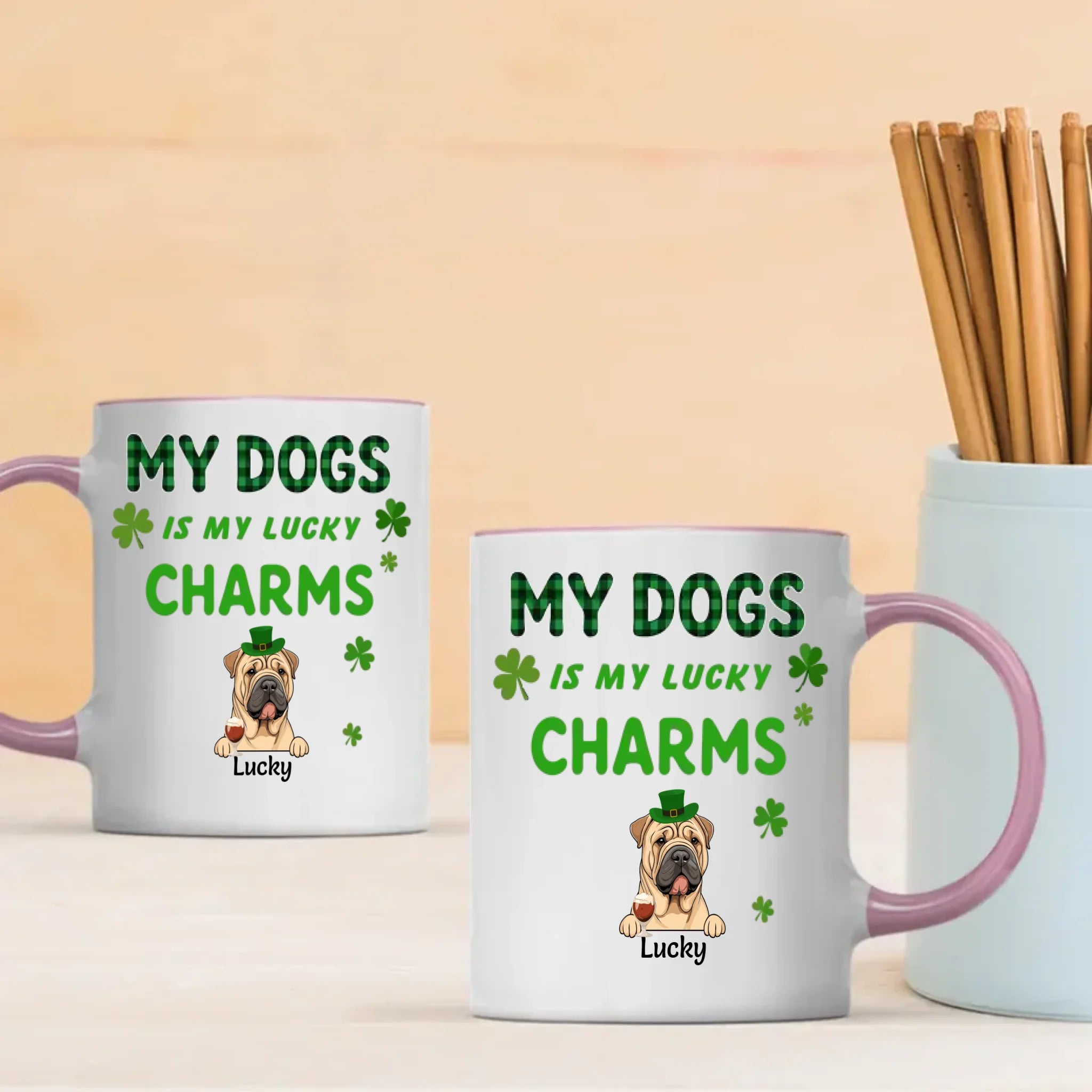 Happy Lucky Dog Mom Personalized Mug with Shamrocks for St. Patrick’s Day - 89Prints