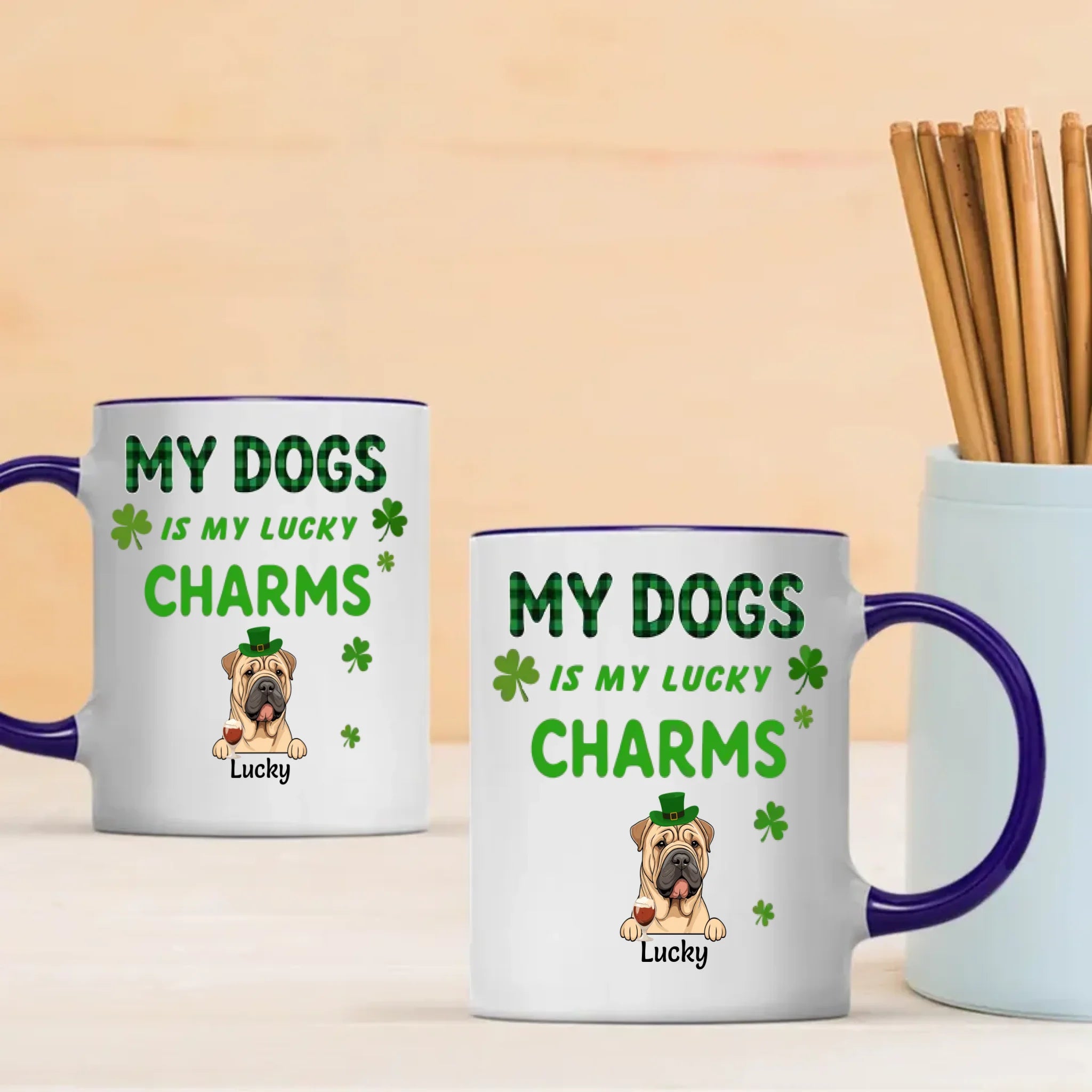 Happy Lucky Dog Mom Personalized Mug with Shamrocks for St. Patrick’s Day - 89Prints
