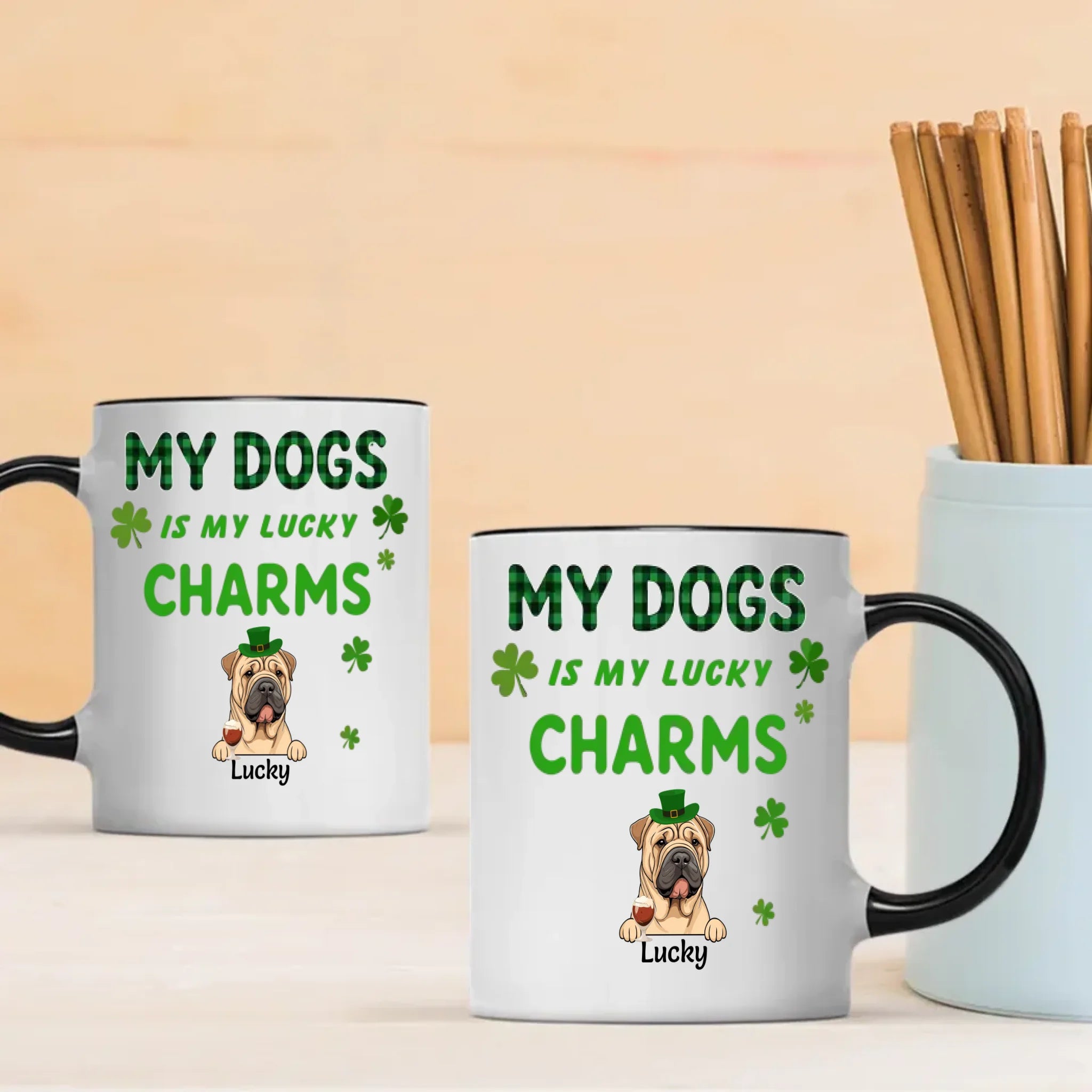 Happy Lucky Dog Mom Personalized Mug with Shamrocks for St. Patrick’s Day - 89Prints