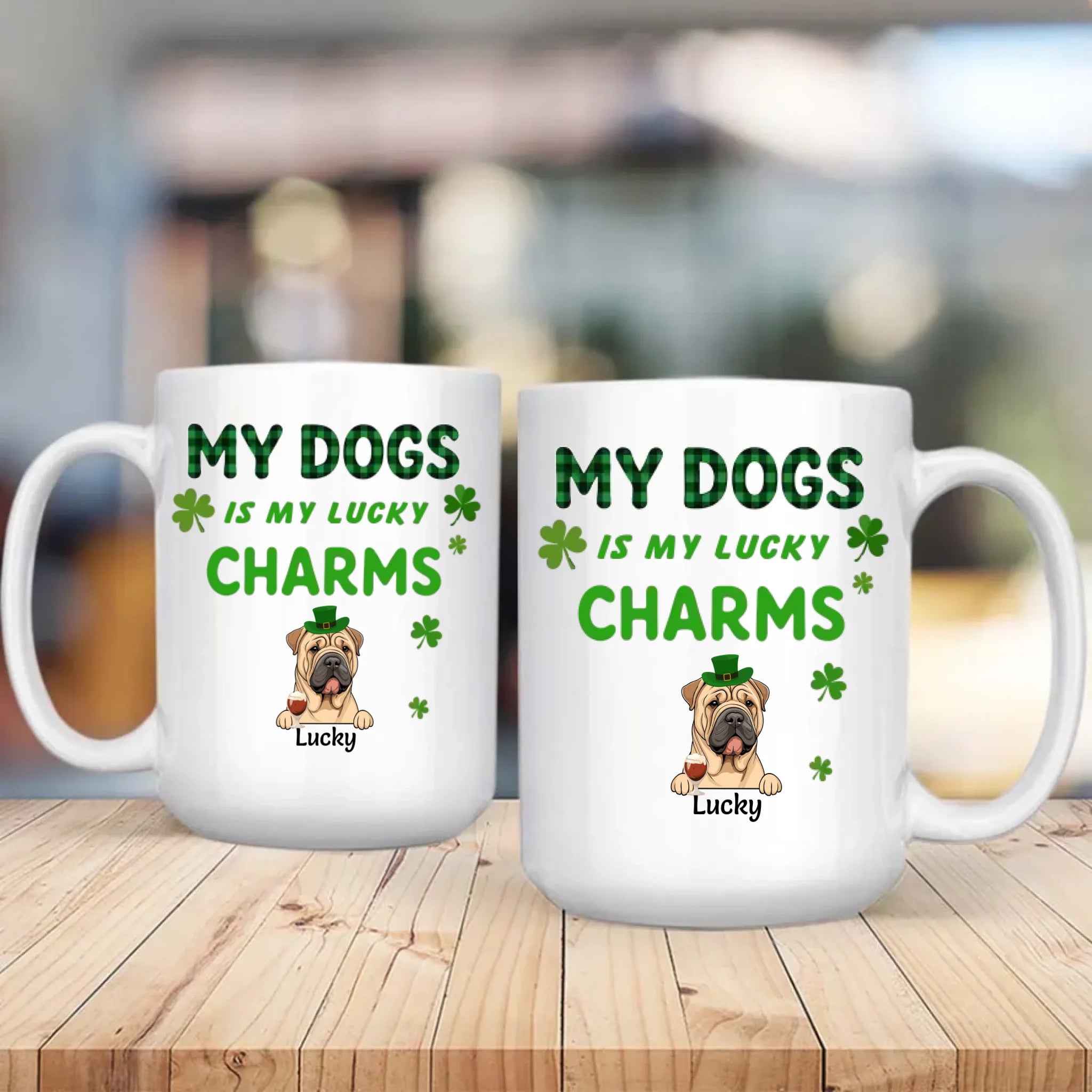 Happy Lucky Dog Mom Personalized Mug with Shamrocks for St. Patrick’s Day - 89Prints
