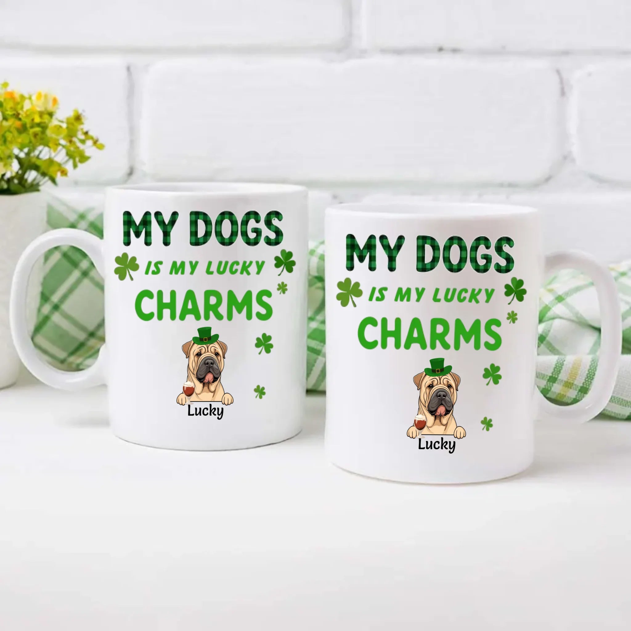 Happy Lucky Dog Mom Personalized Mug with Shamrocks for St. Patrick’s Day - 89Prints