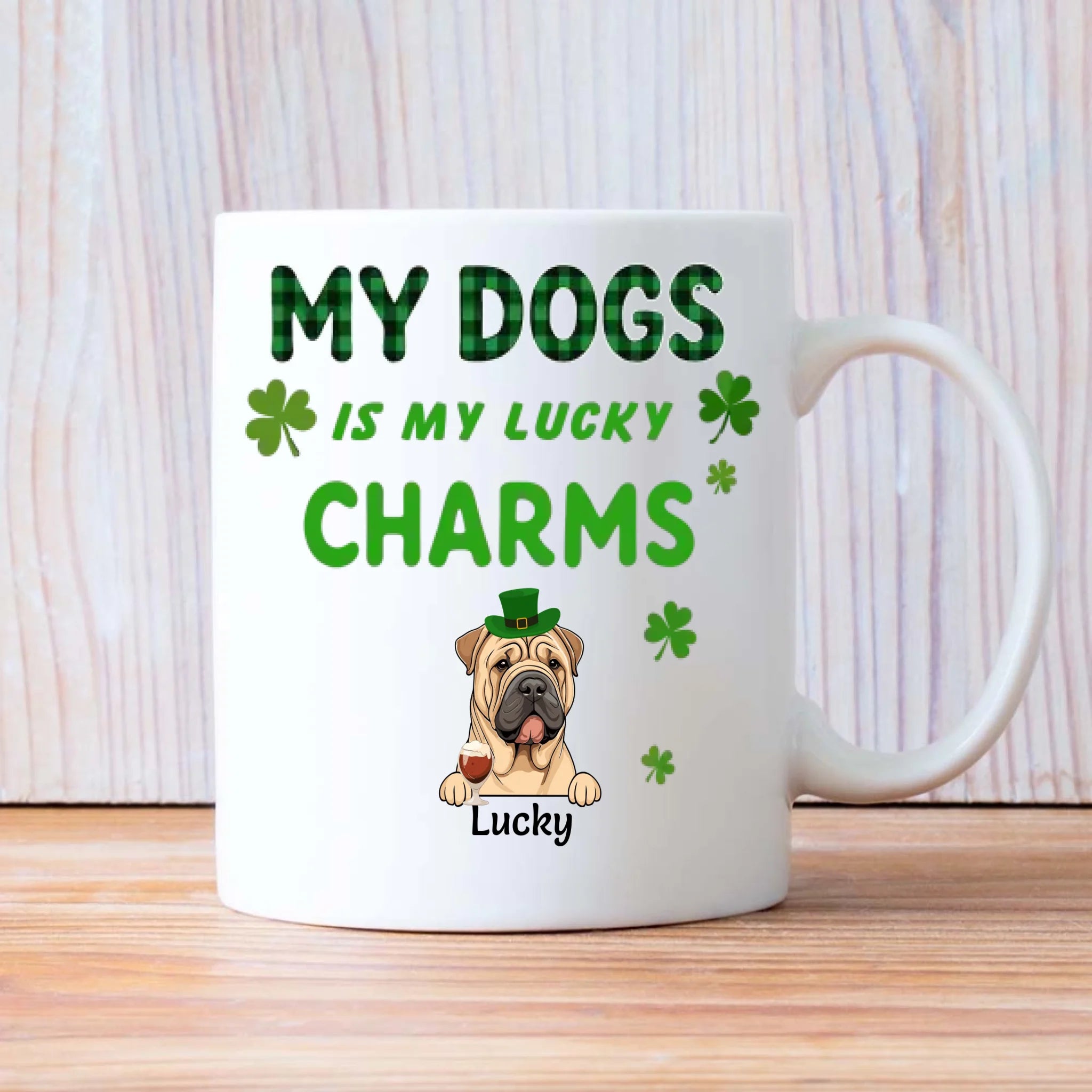 Happy Lucky Dog Mom Personalized Mug with Shamrocks for St. Patrick’s Day - 89Prints