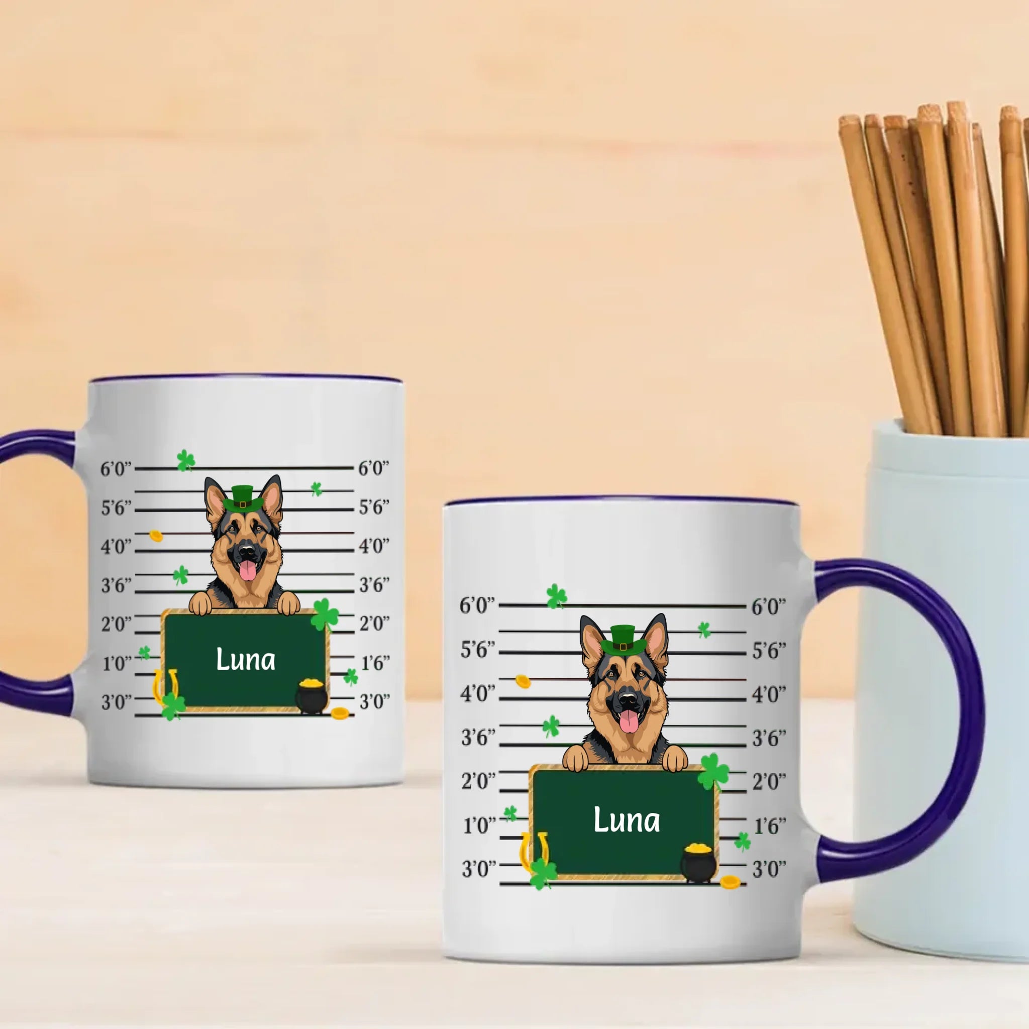 Custom St. Patrick’s Day Dog Mug – Leprechaun Dog with Shamrocks & Gold - 89Prints