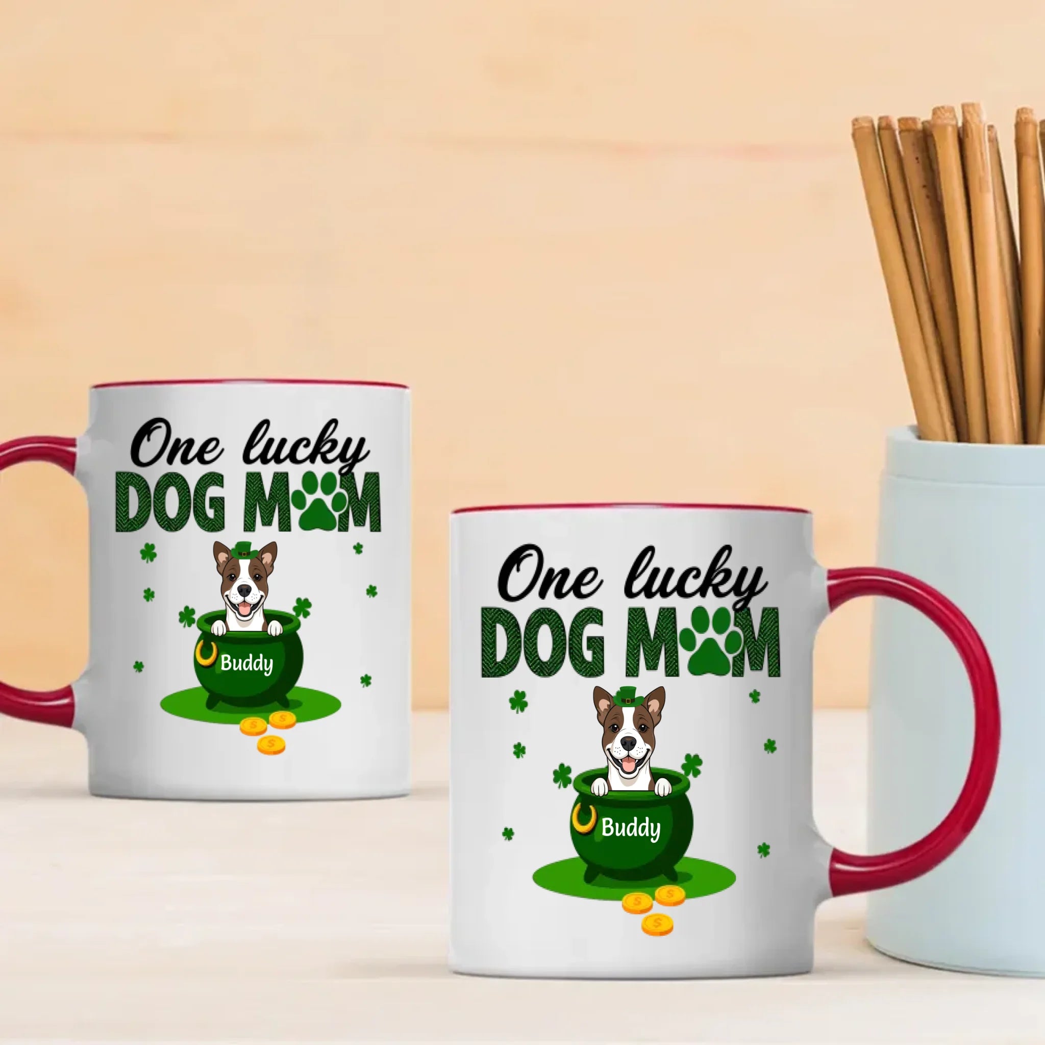Personalized Dog Mom Mug – St Patrick’s Day Lucky Pot Design with Custom Pet Name - 89Prints
