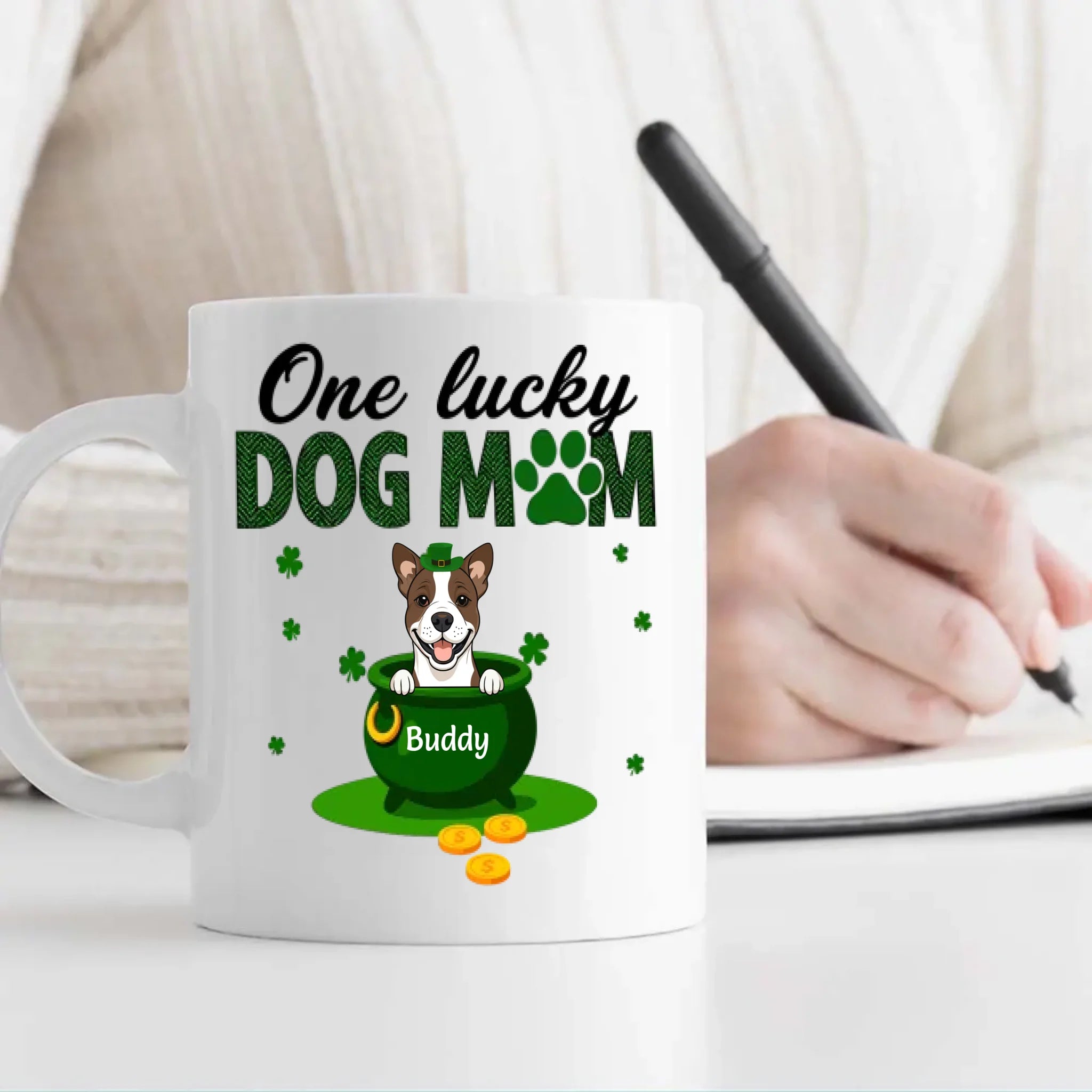 Personalized Dog Mom Mug – St Patrick’s Day Lucky Pot Design with Custom Pet Name - 89Prints