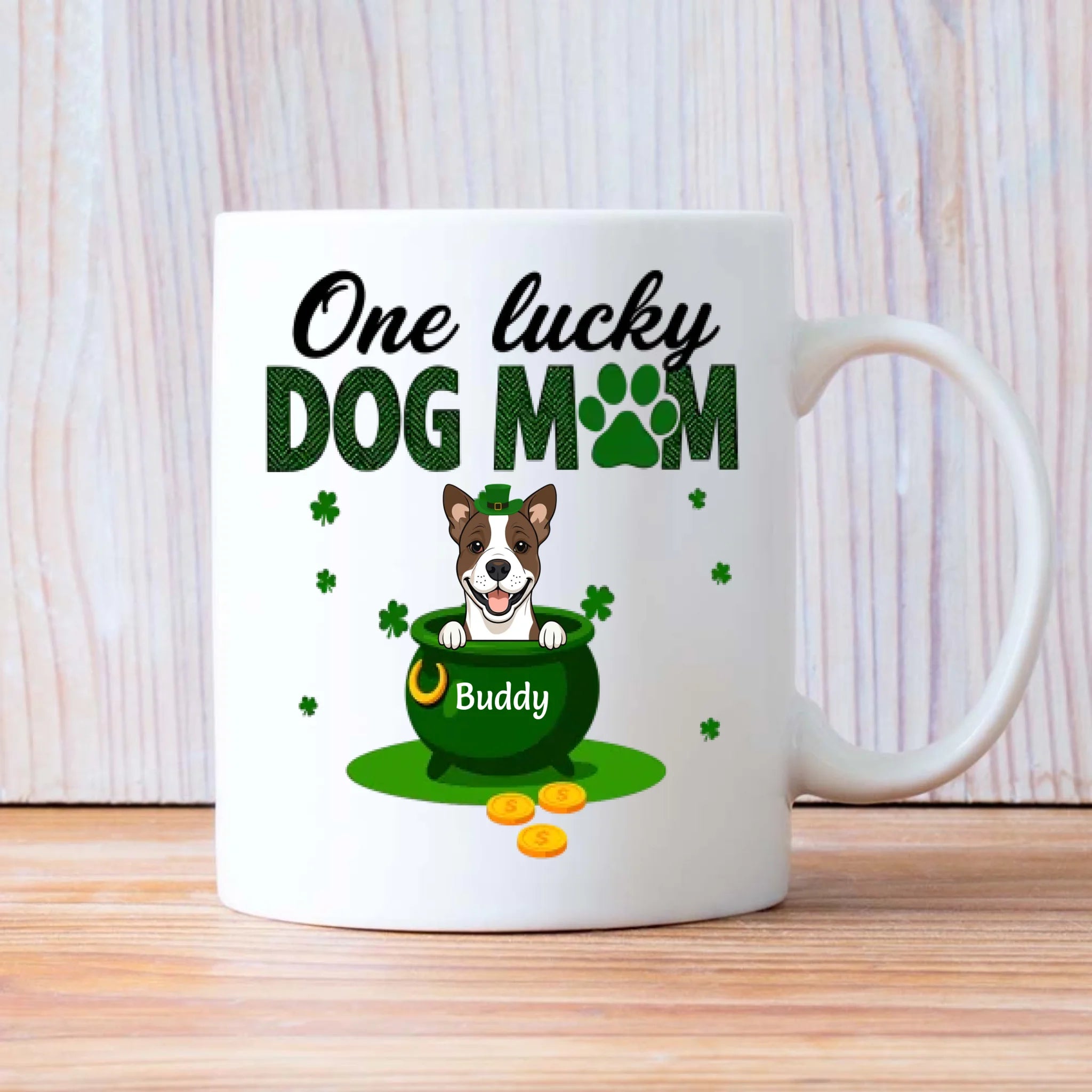 Personalized Dog Mom Mug – St Patrick’s Day Lucky Pot Design with Custom Pet Name - 89Prints