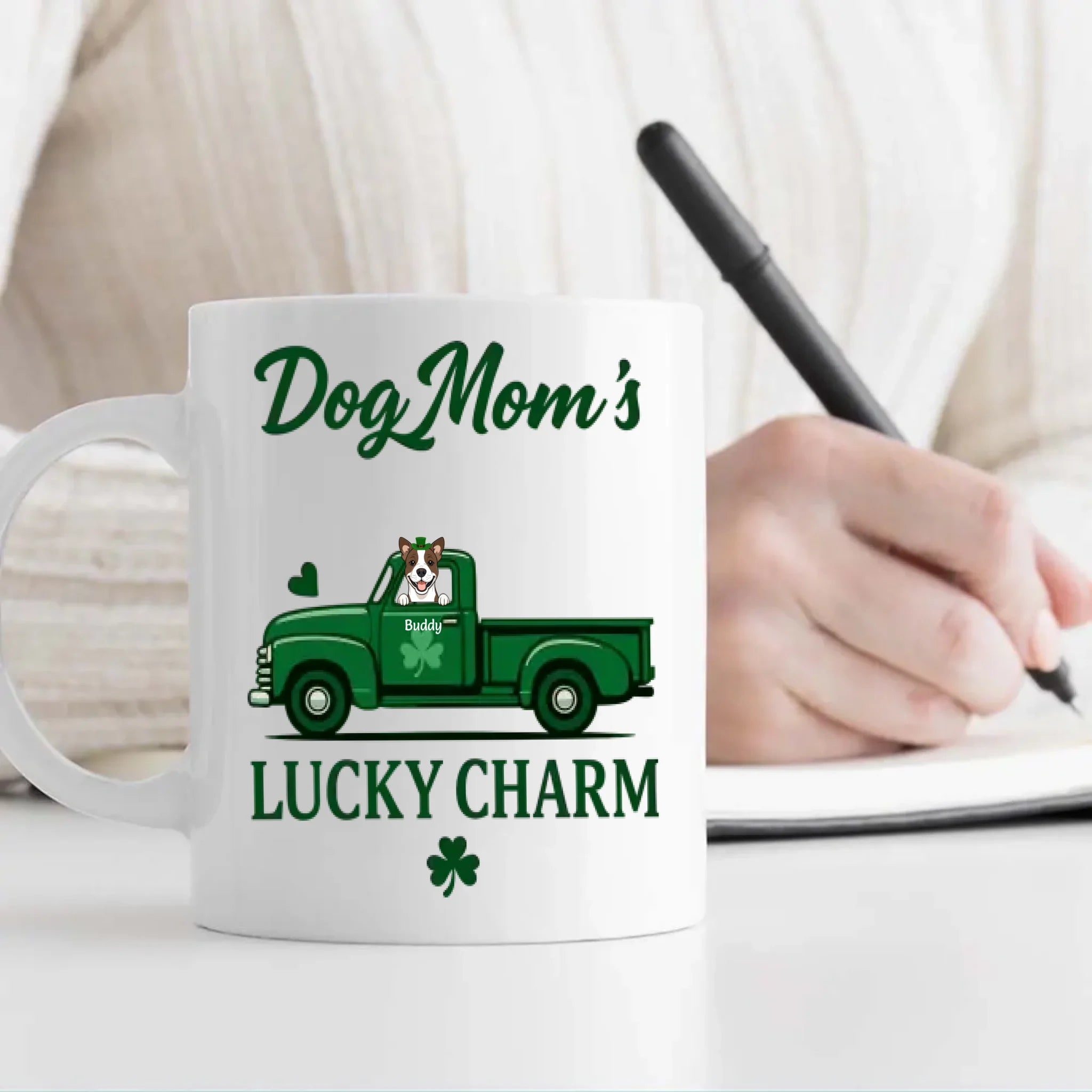 Dog Mom’s Lucky Charm Mug – Personalized Green Truck Cup with Dog Graphic - 89Prints