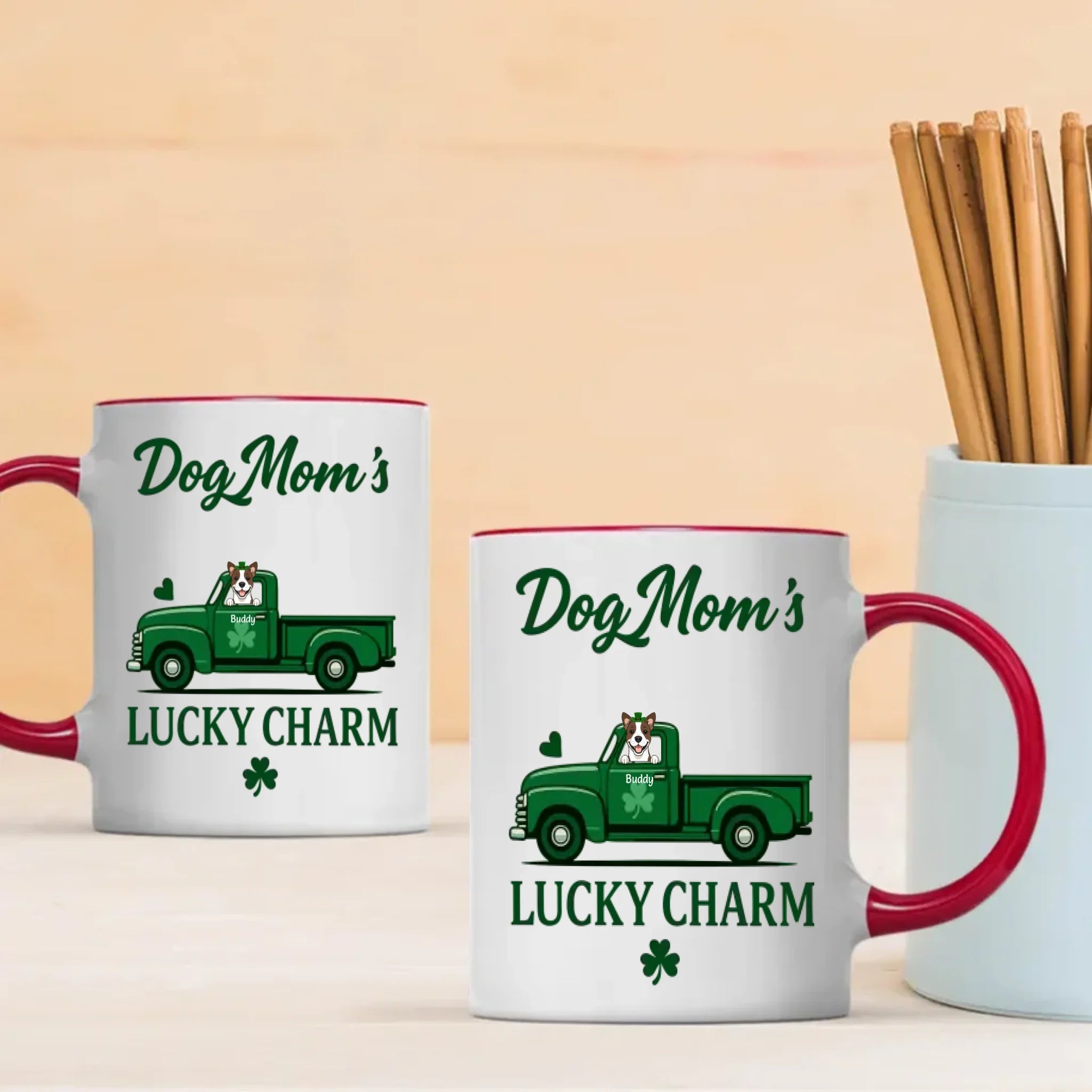 Dog Mom’s Lucky Charm Mug – Personalized Green Truck Cup with Dog Graphic - 89Prints
