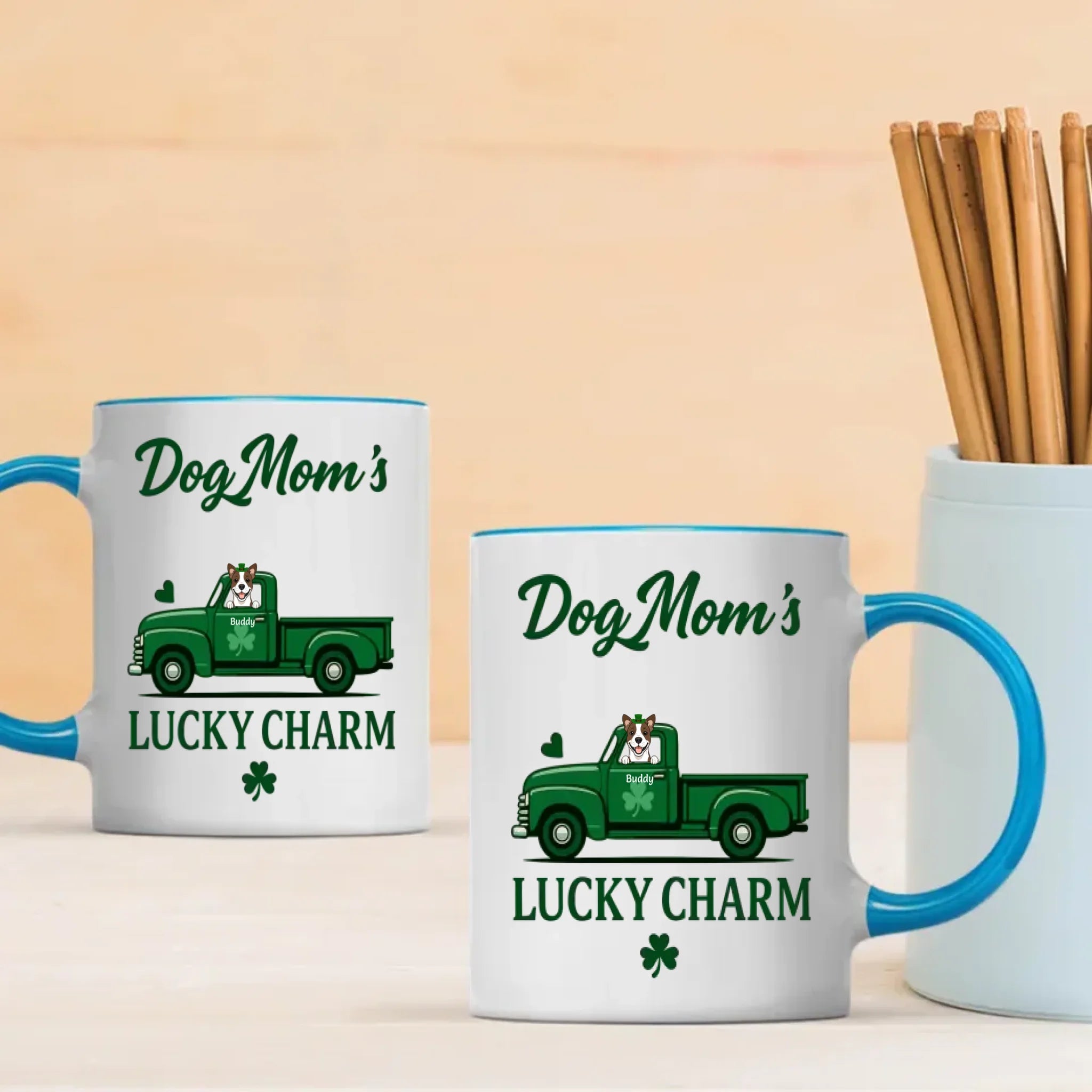 Dog Mom’s Lucky Charm Mug – Personalized Green Truck Cup with Dog Graphic - 89Prints