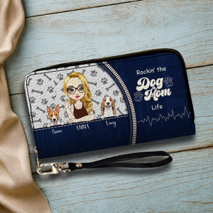 Personalized Dog Mom Wallet – Custom Girl & Dog Illustration Zip Wallet - 89Prints