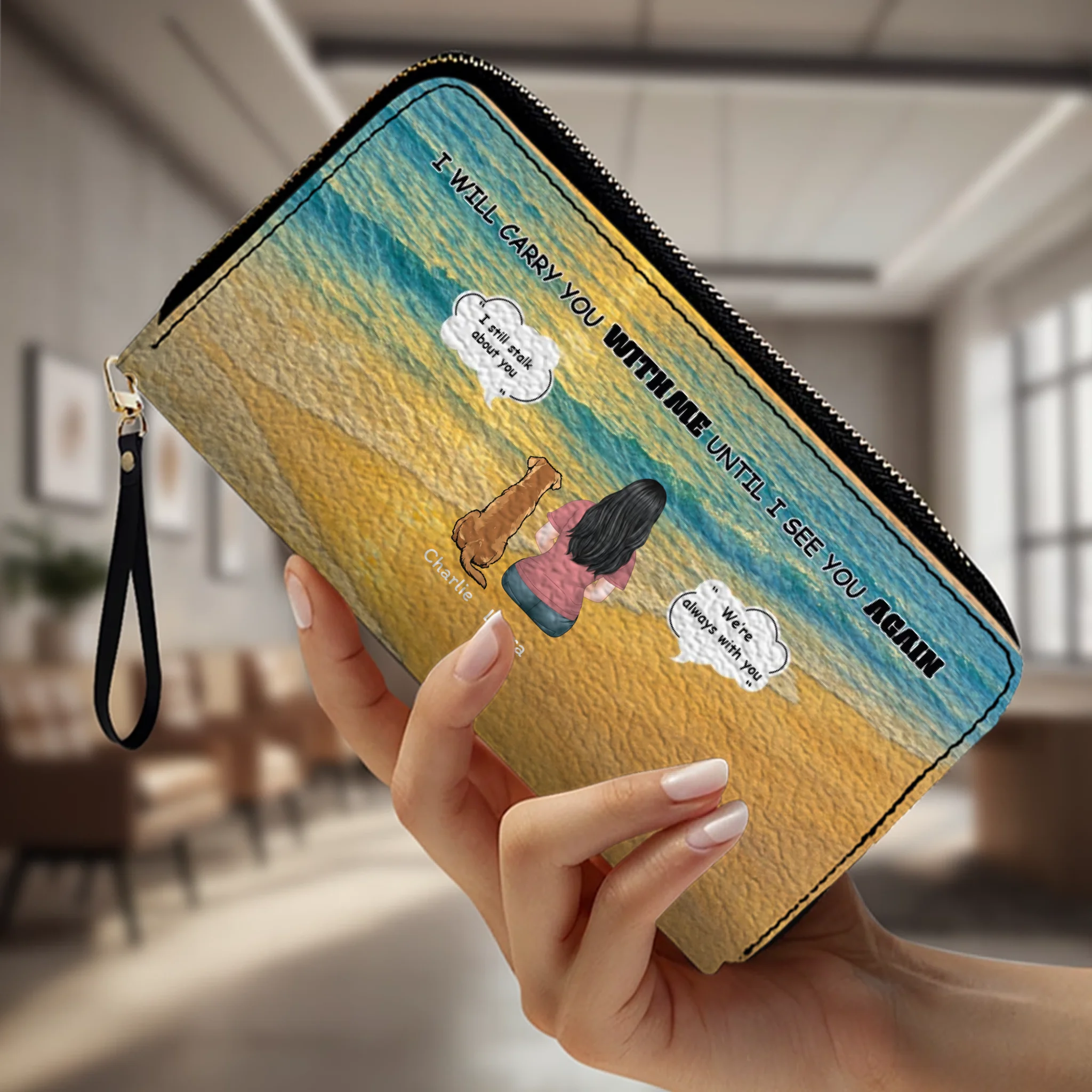 I Will Carry You With Me – Custom Memorial Dog Wallet, Personalized Person & Dog Beach Scene Purse - 89Prints