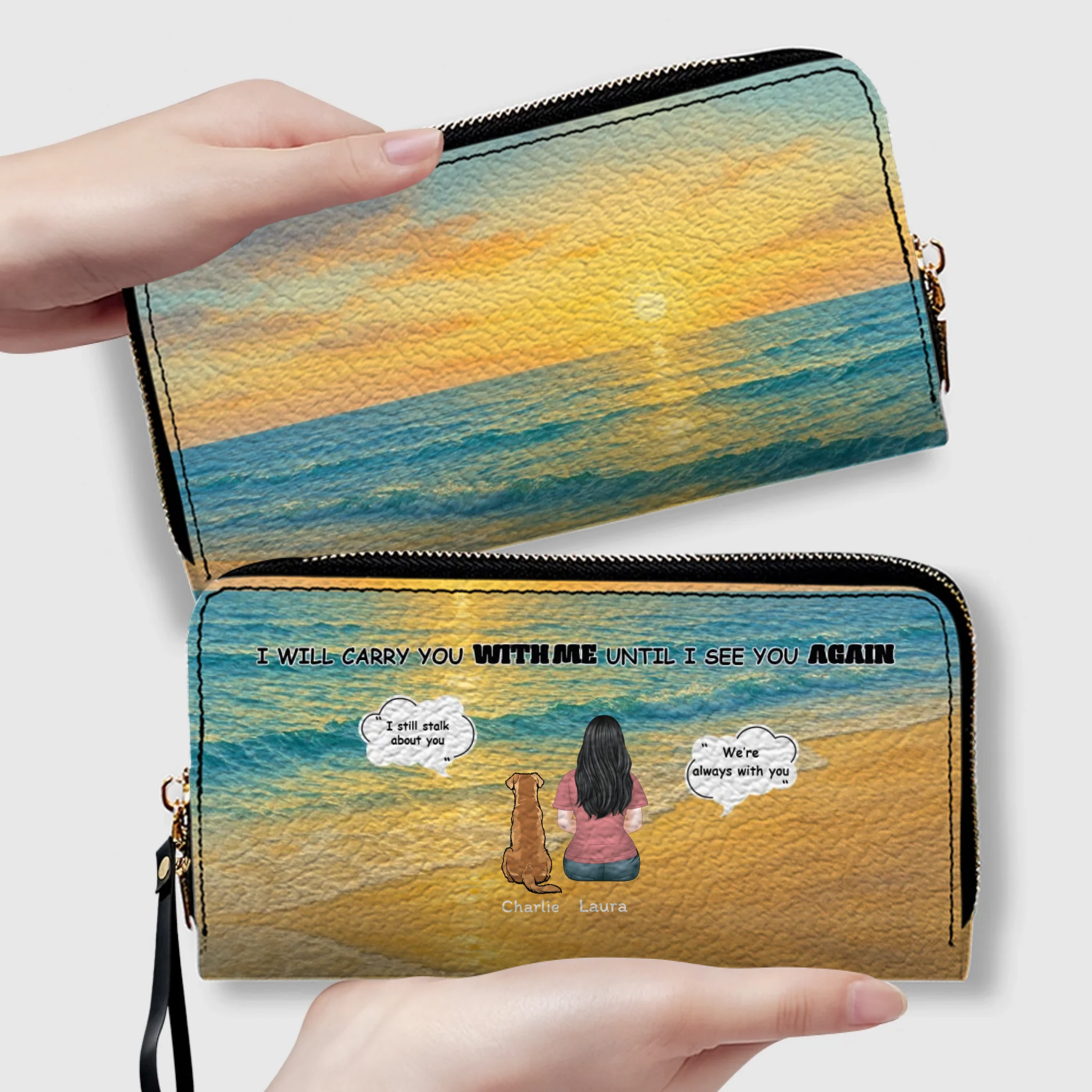 I Will Carry You With Me – Custom Memorial Dog Wallet, Personalized Person & Dog Beach Scene Purse - 89Prints
