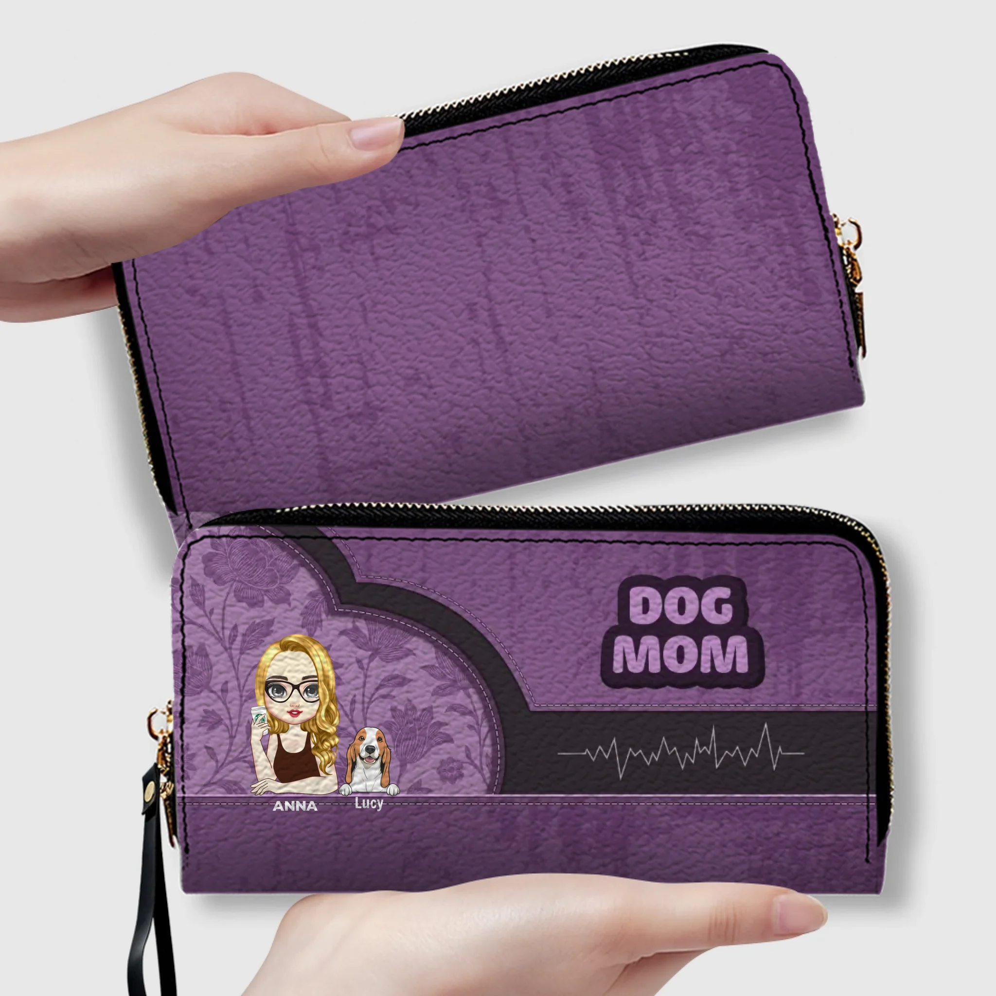 Dog Mom Zip-Around Wallet – Cartoon Pet Artwork with “DOG MOM” Print - 89Prints