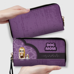 Dog Mom Zip-Around Wallet – Cartoon Pet Artwork with “DOG MOM” Print - 89Prints