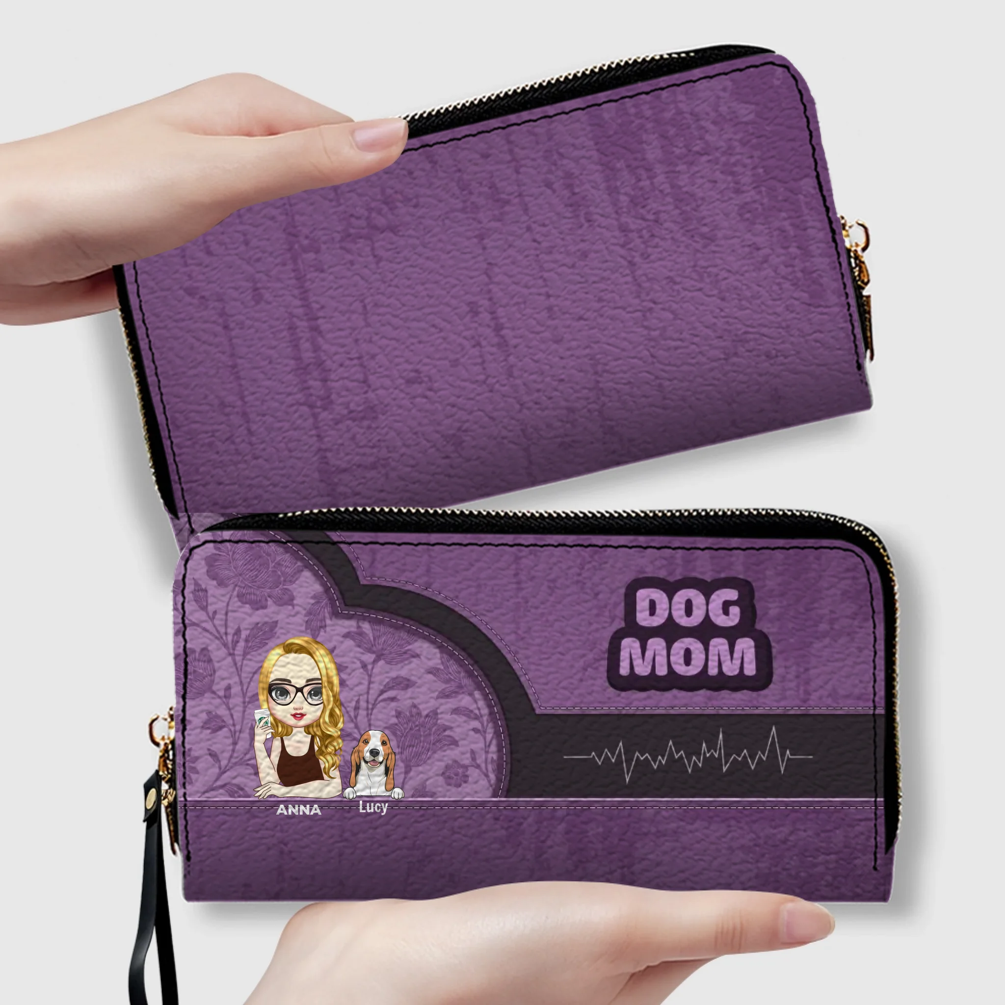 Dog Mom Zip-Around Wallet – Cartoon Pet Artwork with “DOG MOM” Print - 89Prints