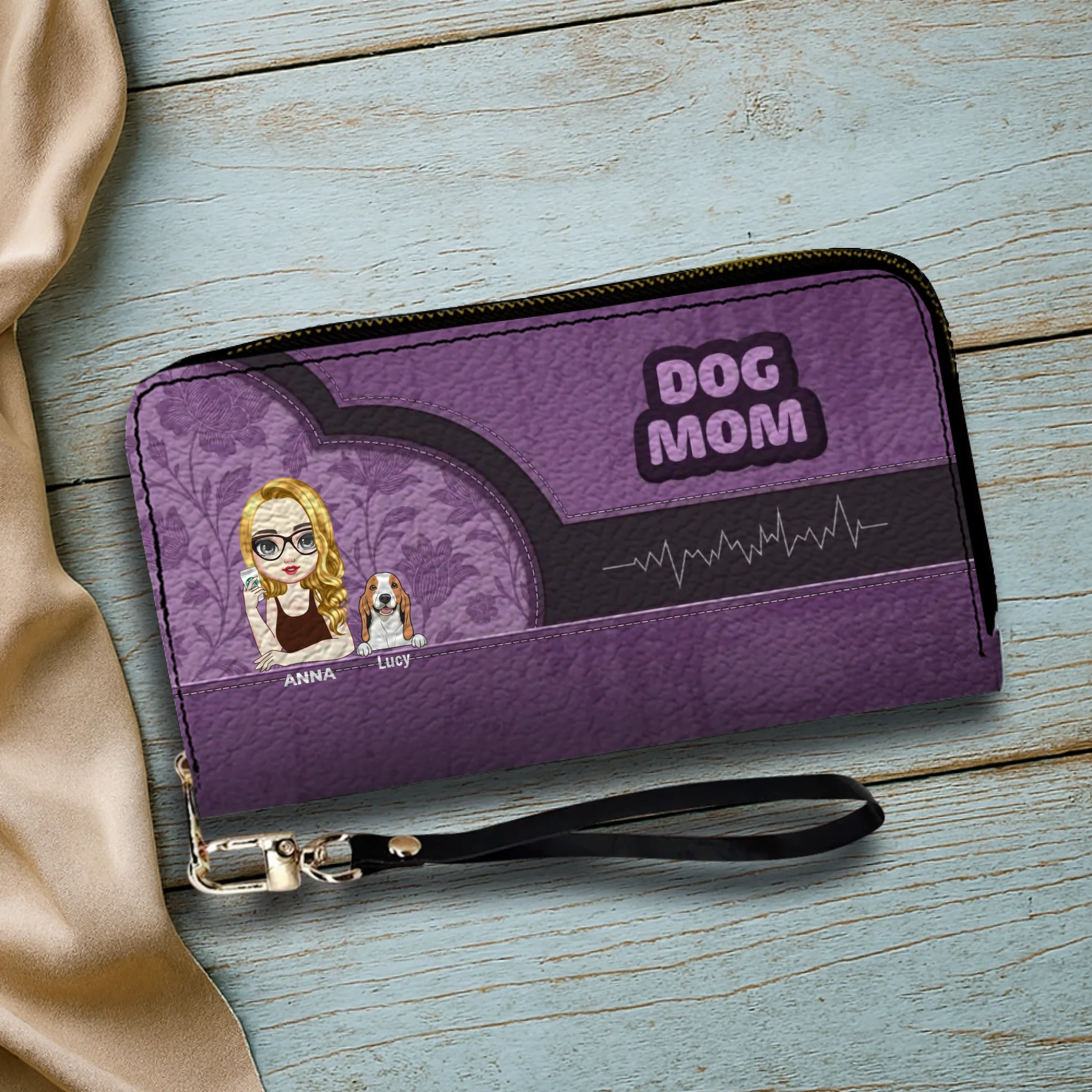 Dog Mom Zip-Around Wallet – Cartoon Pet Artwork with “DOG MOM” Print - 89Prints