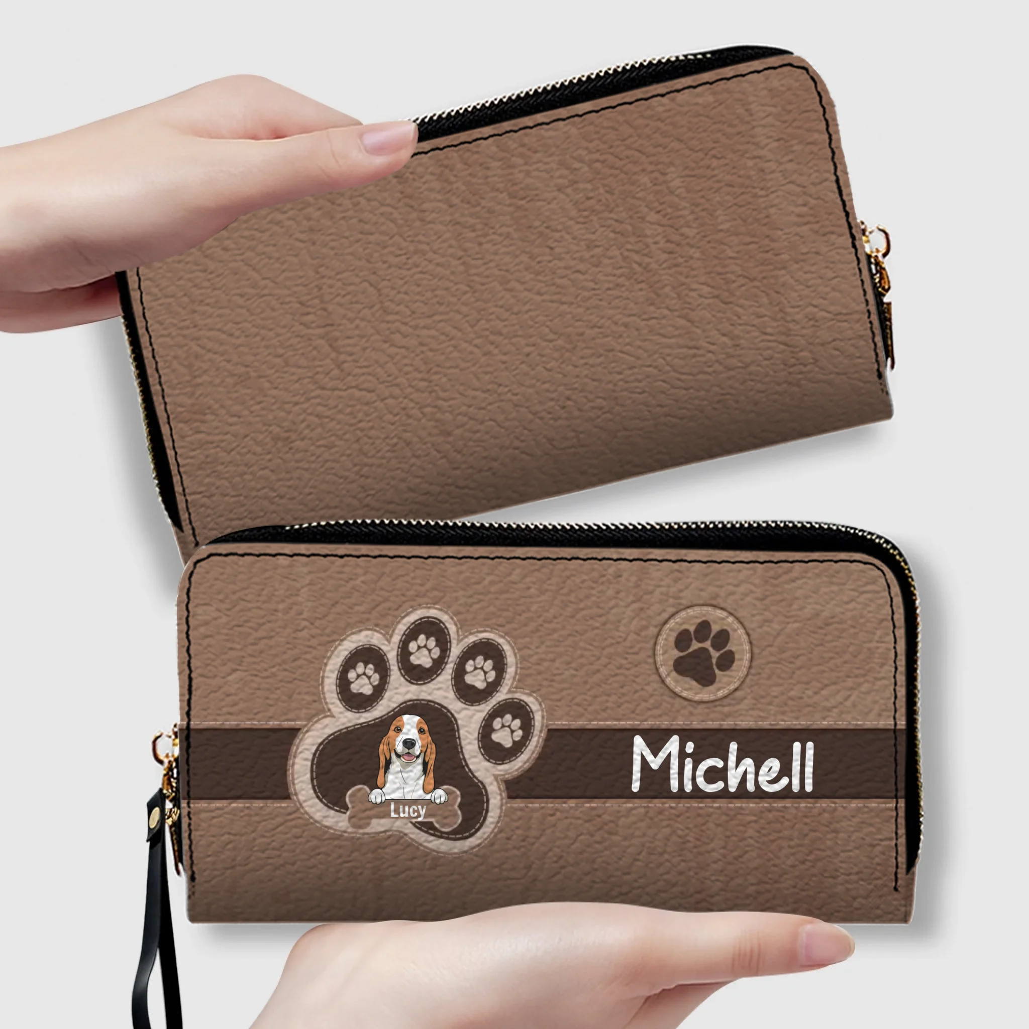 Custom Leather Long Wallet – Your Dog & Paw Print Design, Personalized Gift for Dog Lovers - 89Prints